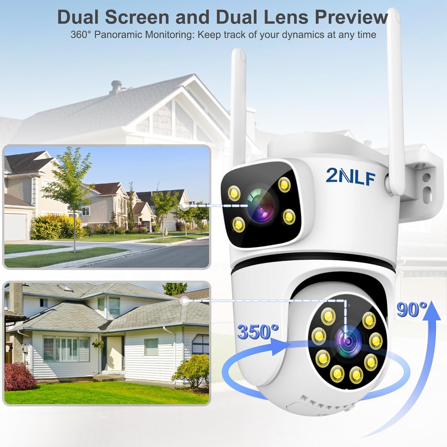 كاميرا أمان خارجية 2NLF، كاميرا واي فاي بعدسة مزدوجة 2.5K 4MP مع تقريب رقمي 10X، رؤية ليلية ملونة، كشف الحركة، تتبع تلقائي، صوت ثنائي الاتجاه، IP66 - الصورة 2
