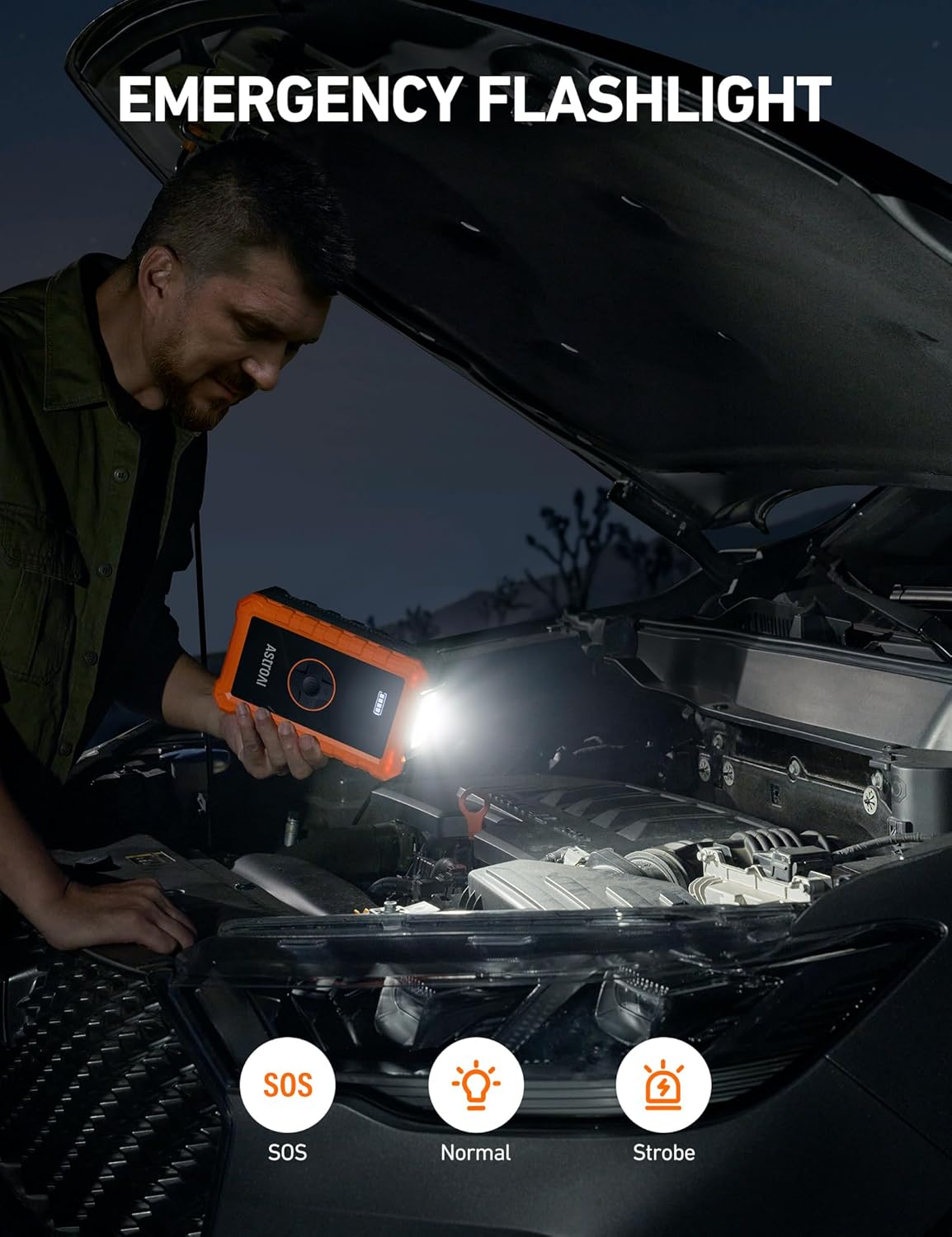 AstroAI Jump Starter مع ضاغط هواء، بطارية السيارة المحمولة (6.0 غاز/3.0 لتر ديزل) مع منفاخ إطارات للإغلاق التلقائي بقوة 150 رطل لكل بوصة مربعة، صندوق معزز لشاحن بطارية 12 فولت (برتقالي) - الصورة 8
