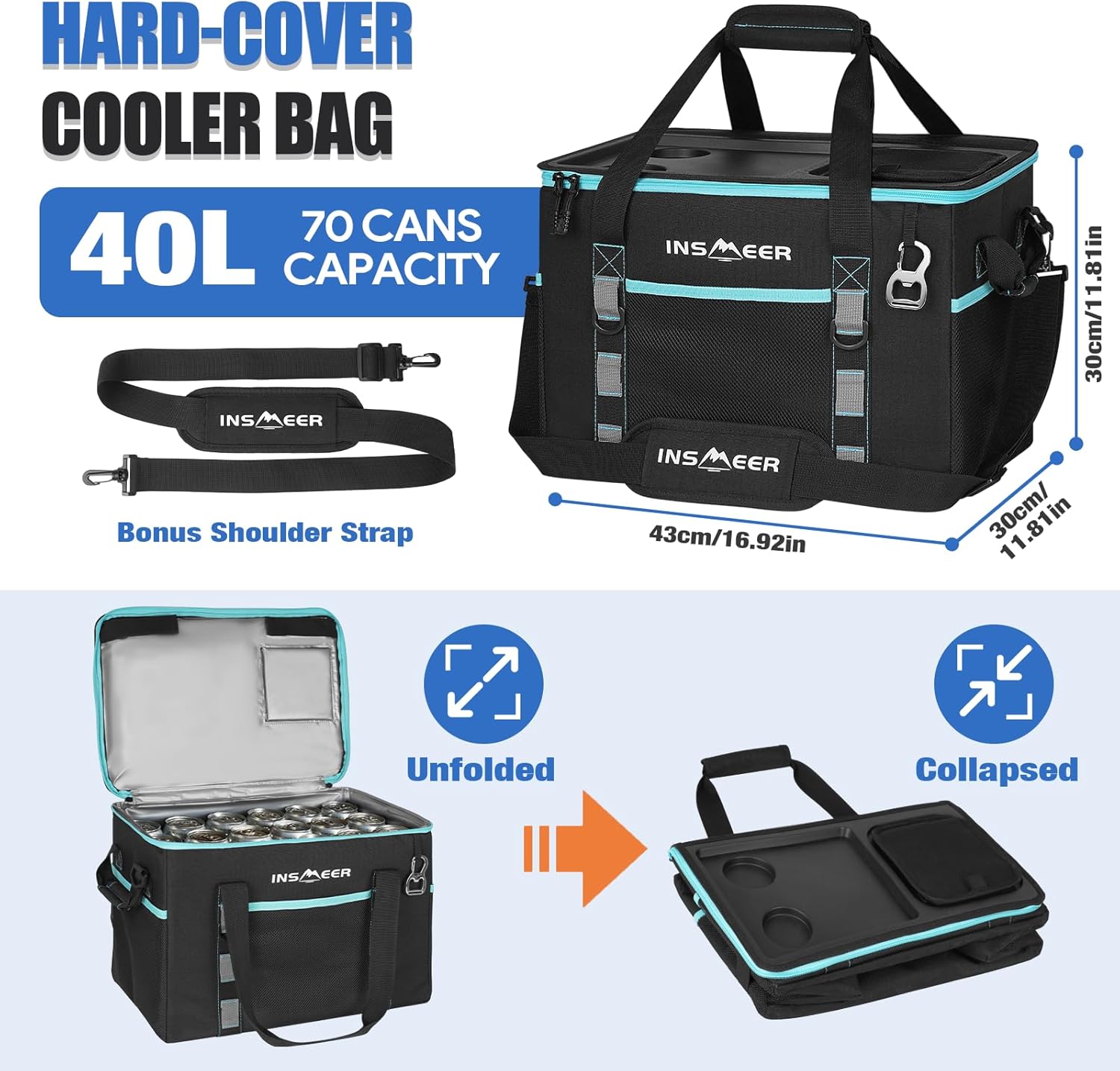 INSMEER Kühltasche Gross 40L، 60 Dosen Kühltasche Faltbar - XXL Kühltasche Isoliertasche Thermotasche مع Öffner/Verstärkte Hartern Seiten/2 كوب هالترن في الأعلى، من أجل Picknick، Camping، Strand، Reise - الصورة 2