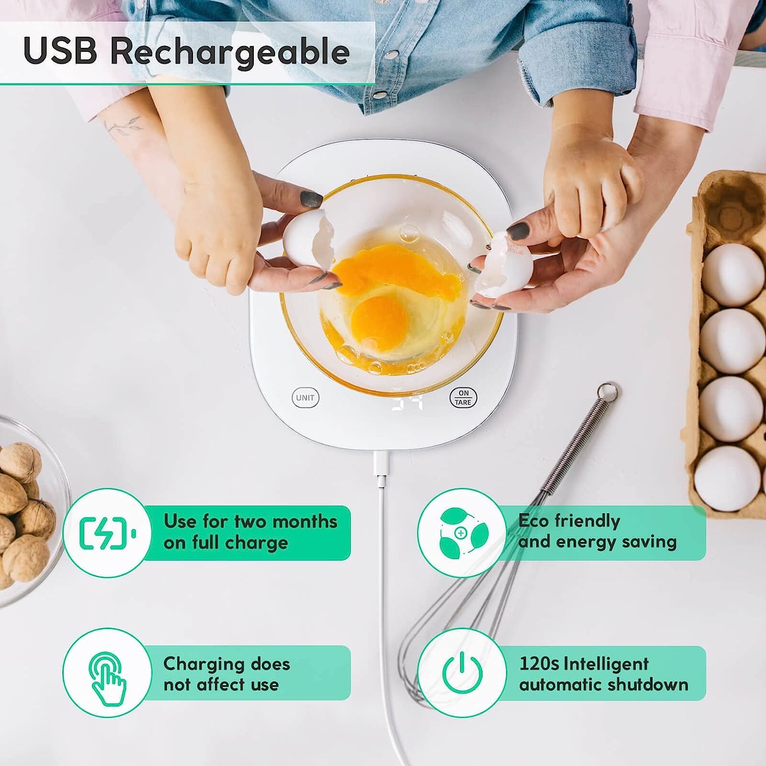 ميزان مطبخ ذكي للطعام من Arboleaf، ميزان طعام رقمي بوزن 22 رطل مع حاسبة غذائية، قابل لإعادة الشحن عبر USB، وزن ذكي مع تطبيق للماكرو والكيتو والسعرات الحرارية والطهي والجرام والأوقية، 0.1 أونصة/0.5 جرام، أبيض - الصورة 2