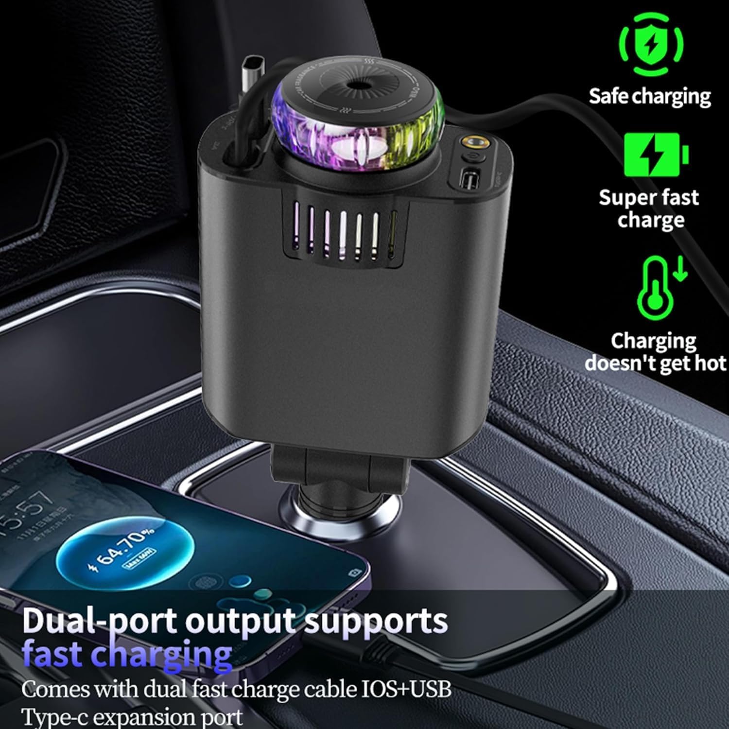 شاحن سيارة 5 في 1 برأس قابل للتعديل 180 درجة، كابلات شحن سريعة قابلة للسحب 80 سم USB-C وiOS، منفذ مزدوج 45 وات، معطر هواء مع ضوء نجمة LED، كابل من النوع C، شاحن سيارة شحن سريع - الصورة 3