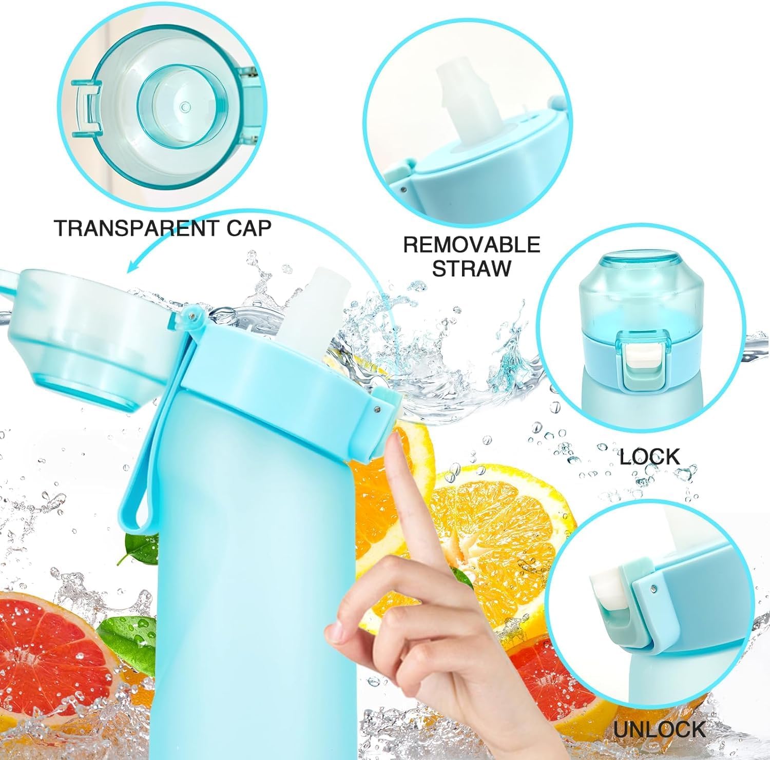 مجموعة زجاجات الشرب XICEN Sports Air Water Bottle Free BPA، زجاجة مياه برائحة الفاكهة سعة 650 مل مع 7 كبسولات نكهات، كوب ماء سكر بنسبة 0% للصالة الرياضية والخارجية (أزرق) - الصورة 6