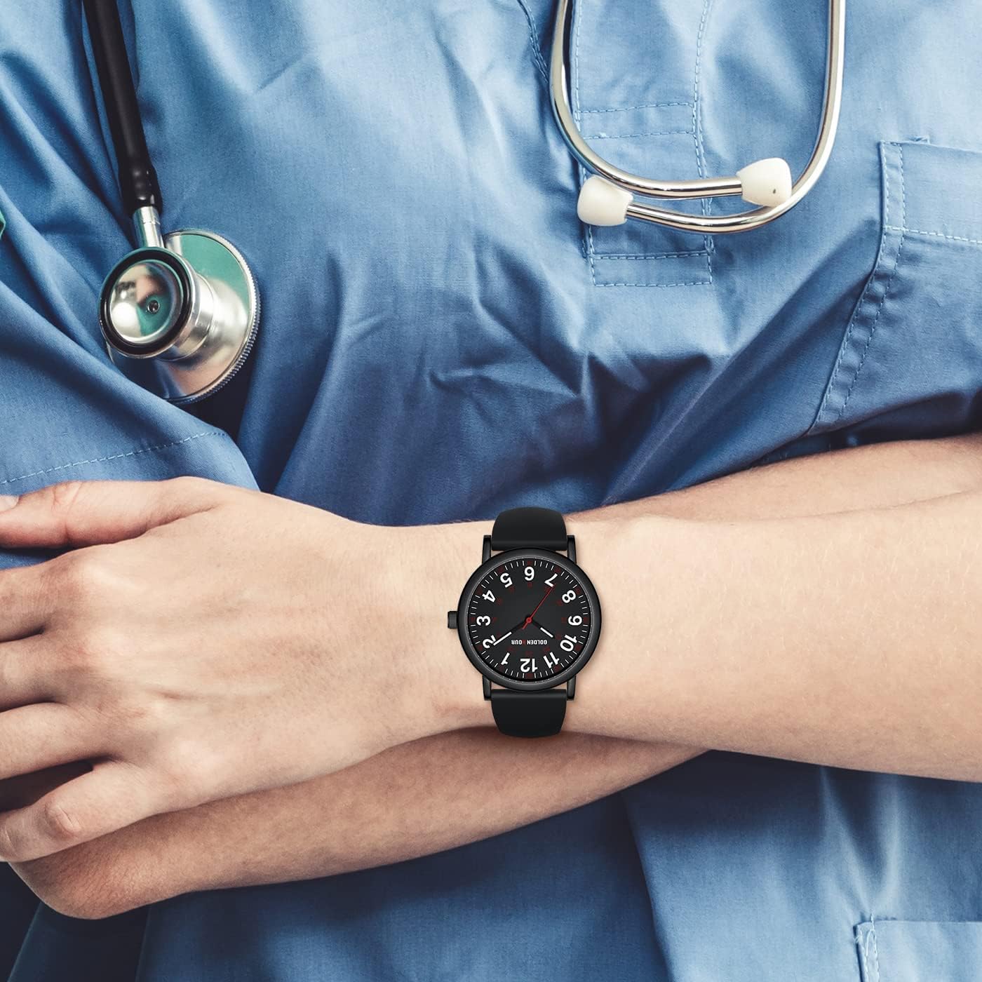 ساعة ممرضة مقاومة للماء من جولدن آور للمهنيين الطبيين والطلاب والنساء والرجال - قرص مضيئة للوقت العسكري سهل القراءة، 24 ساعة مع عقرب ثانٍ، سوار سيليكون ملون - الصورة 8