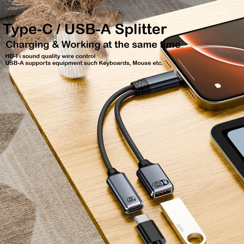 محول مقسم USB-C إلى USB-A وUSB-C PD كابل OTG 2 في 1 مع شحن سريع 100 واط، ونقل البيانات ودعم الأجهزة الطرفية لأجهزة الكمبيوتر المحمول والهواتف الذكية (رمادي) - الصورة 2