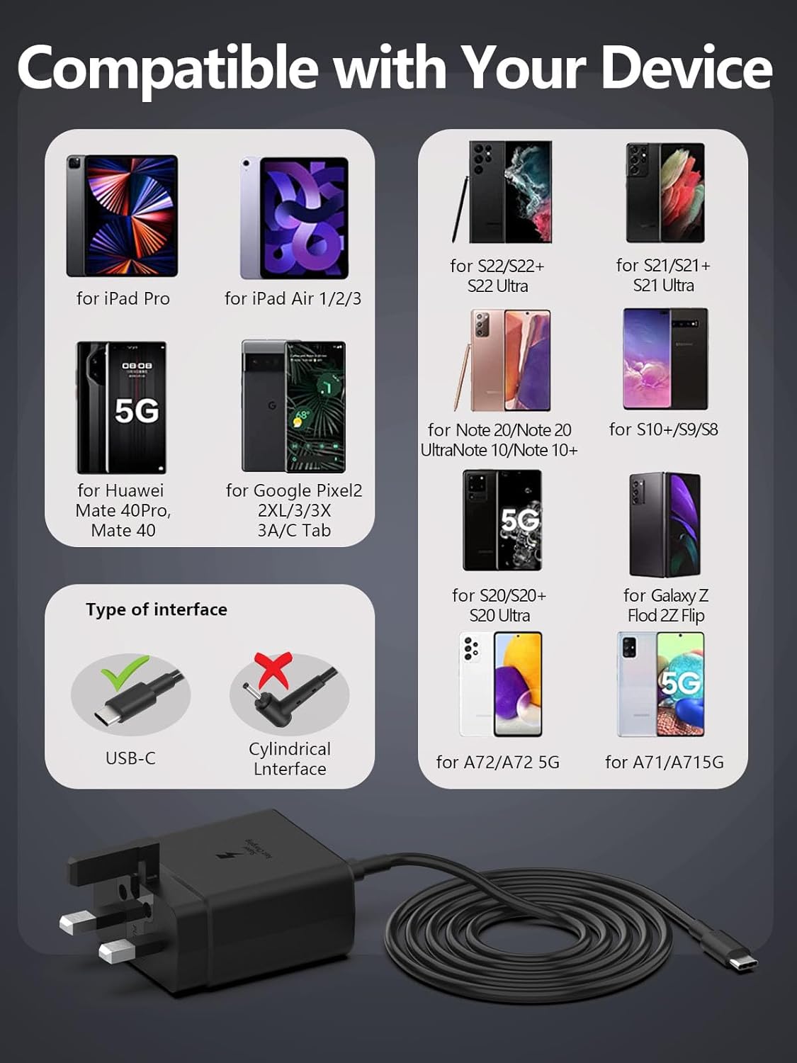 شاحن فائق السرعة متوافق مع سامسونج، 45 وات USB C لهاتف Galaxy S25 Ultra S25 S24 S23/S23+/S23Ultra S22/S22+/S22Ultra S21/S21+/S21Ultra S20 A33،A72،A71،A53،A52،A51، مع كابل 1.8 متر - الصورة 3