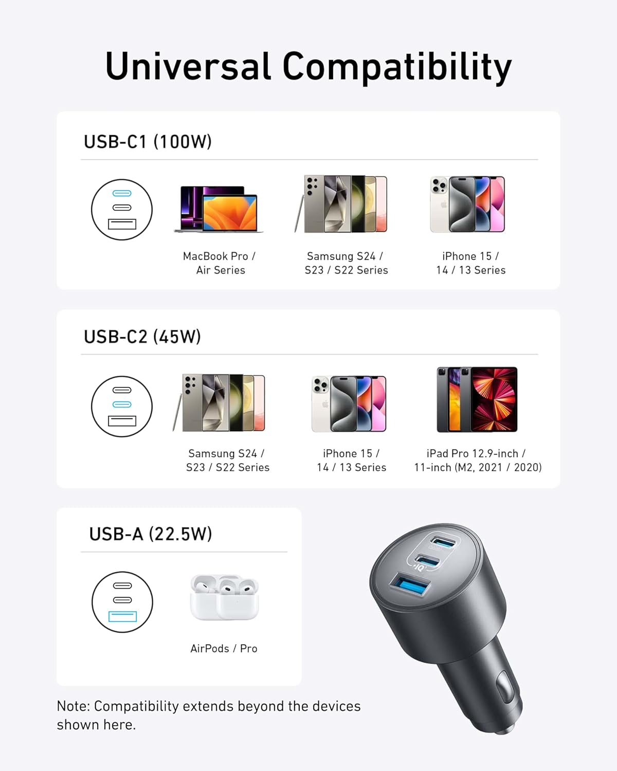 شاحن سيارة Anker، محول شاحن سيارة 167.5 واط بحد أقصى 3 منافذ، محول سيارة USB-C لأجهزة MacBook Pro/Air، iPhone 17/16/15 Series، Samsung S25/S24/S23، Huawei، Honor والمزيد (يتضمن كابل USB-C إلى C) - الصورة 7