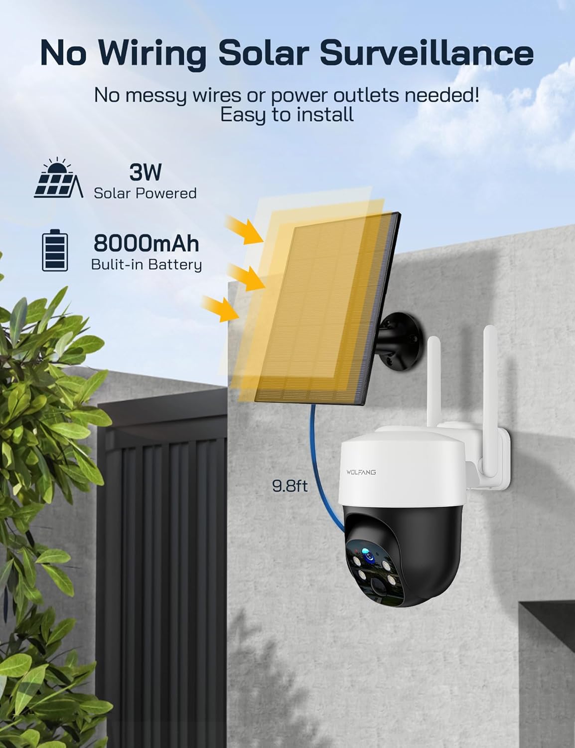 كاميرا WOLFANG No WiFi Security، كاميرا CCTV 4G مع بطاقة SIM، كاميرا لاسلكية في الهواء الطلق، تعمل بالطاقة الشمسية، رؤية ليلية، أضواء كاشفة، 2.5K HD، تسجيل محلي، صوت ثنائي الاتجاه، حركة PIR، بطاقة microSD سعة 32 جيجابايت - الصورة 3