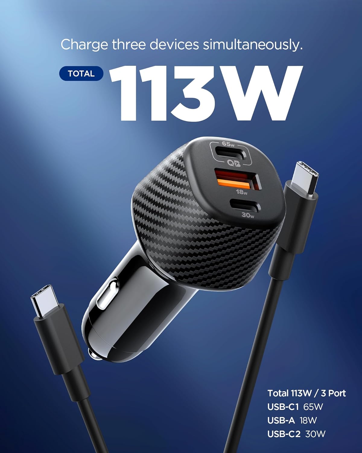 شاحن سيارة سريع Spigen ArcStation Essential 113W USB C (يتضمن كابل علامة إلكترونية) شاحن ولاعة سجائر صغير بـ 3 منافذ، متوافق مع iPhone 17 16 Pro Max Samsung S25 Ultra Pixel 10 Pro XL Fold - الصورة 2