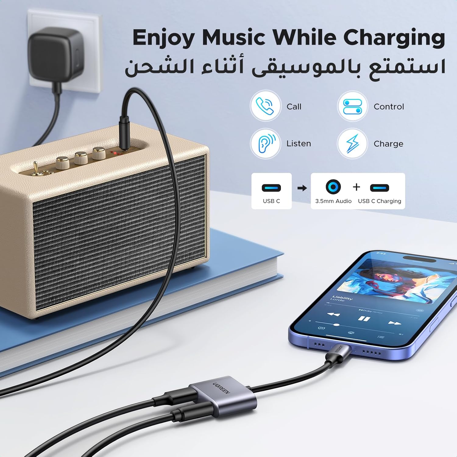 كيبل شحن لتحويل USB- سي لمدخل سماعة 3.5 ملم، محول رقمي تناظري، AUX نوع سي لايباد برو 2021 ام 1 وايباد ميني 6 وجالاكسي اس 21+ والترا اس 10 لايت و نوت 10وايه 90 وتابلت اس 6 وهواوي - الصورة 2