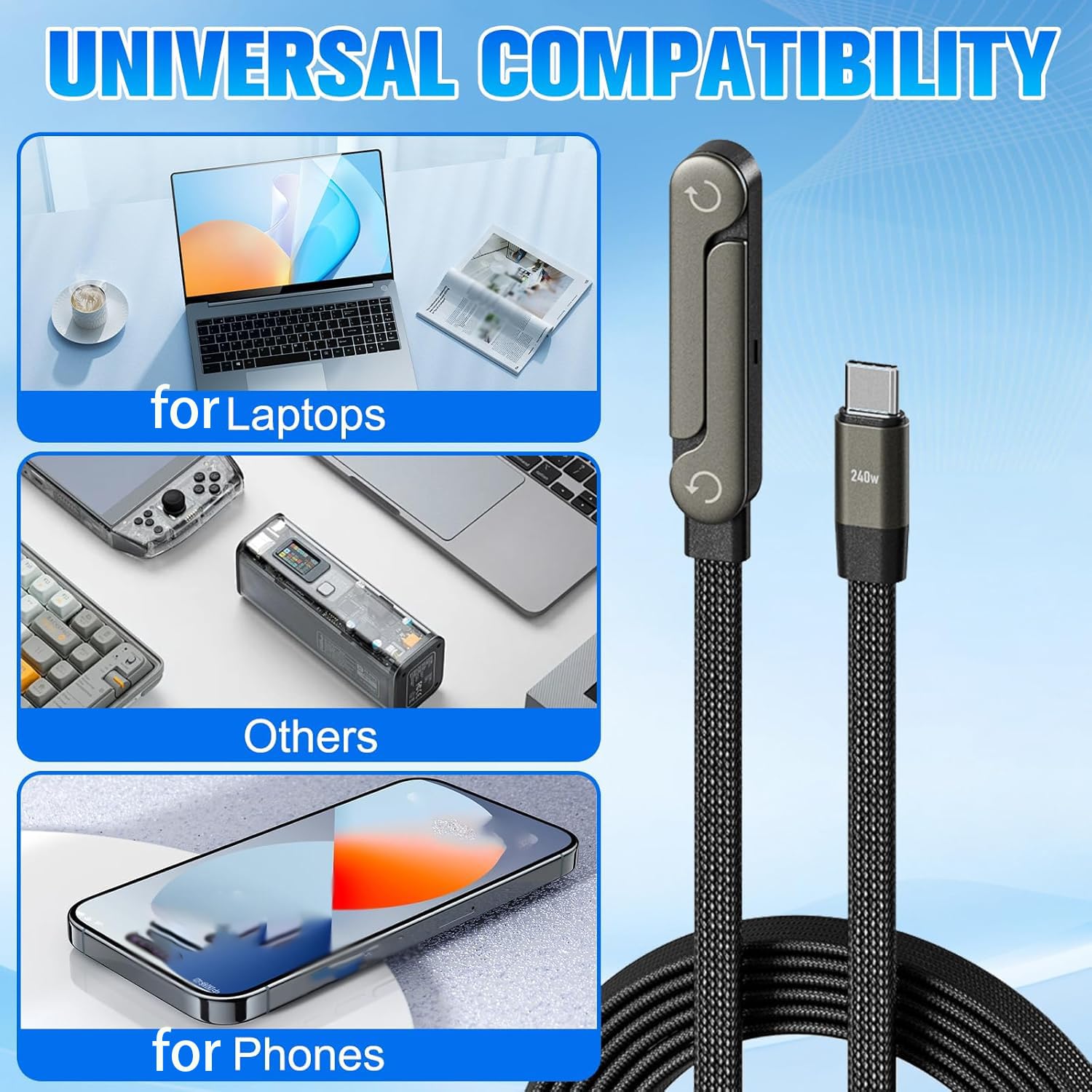 كابل شحن سريع 2 في 1 بقوة 240 وات مع حامل هاتف مدمج، تصميم حامل غير مرئي، سلك USB C مضفر للألعاب والمكتب والسفر، شاحن متين خالٍ من التشابك مع حامل متكامل - الصورة 7