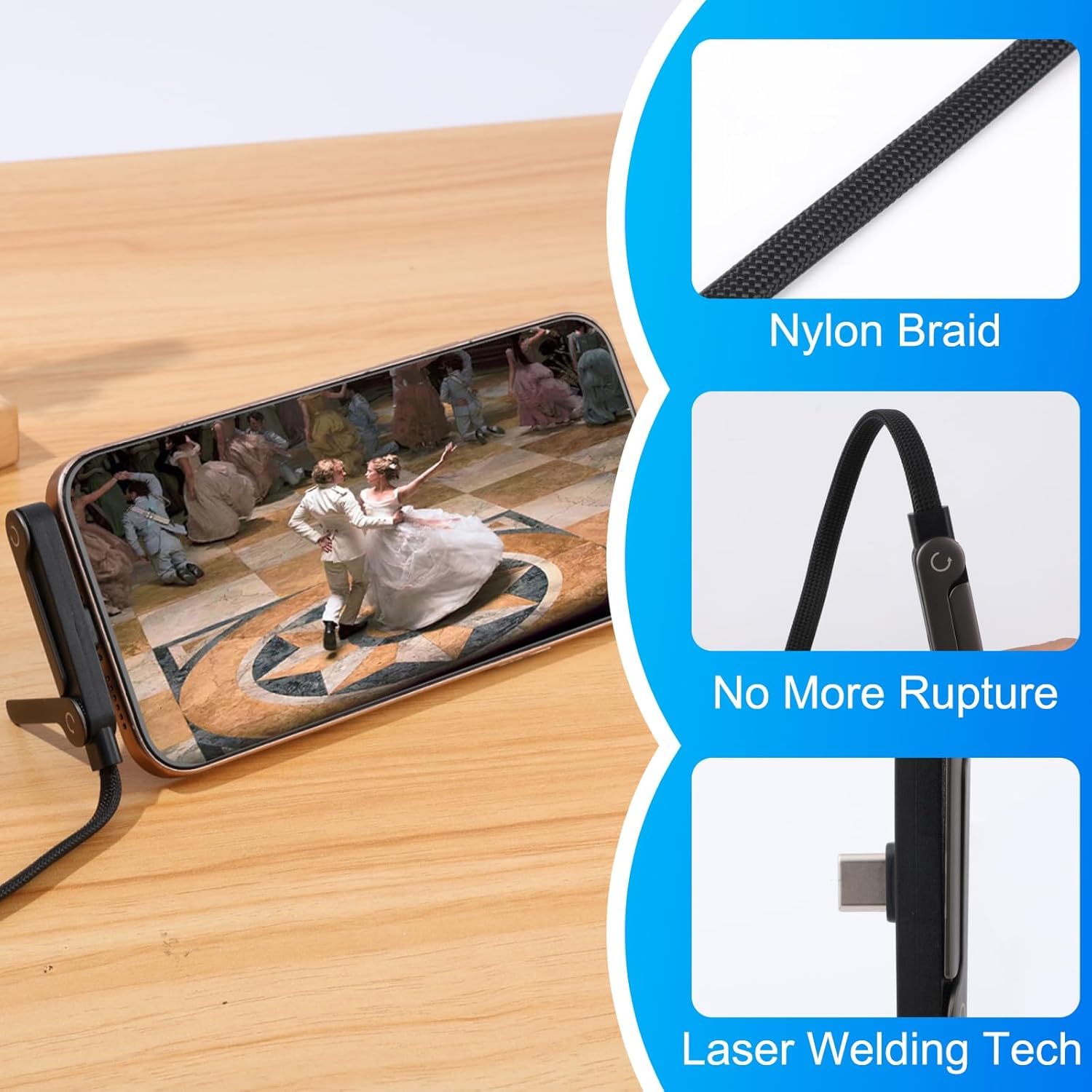 كابل شحن سريع 2 في 1 بقوة 240 وات مع حامل هاتف مدمج، تصميم حامل غير مرئي، سلك USB C مضفر للألعاب والمكتب والسفر، شاحن متين خالٍ من التشابك مع حامل متكامل - الصورة 6