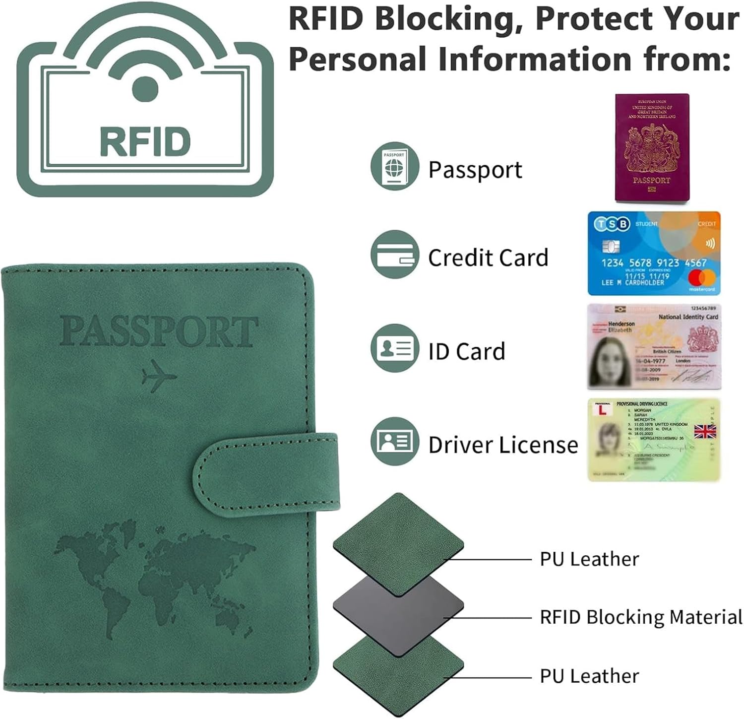 حافظة غطاء محفظة لحامل جواز السفر، حافظة جواز السفر مع خاصية حجب RFID، حامل مستندات السفر من جلد البولي يوريثان للرجال والنساء، ملحقات السفر (أخضر) - الصورة 5