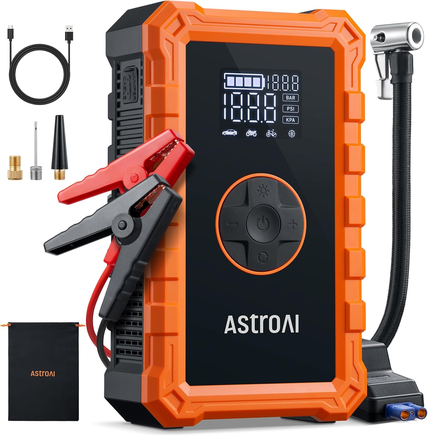 AstroAI Jump Starter مع ضاغط هواء، بطارية السيارة المحمولة (6.0 غاز/3.0 لتر ديزل) مع منفاخ إطارات للإغلاق التلقائي بقوة 150 رطل لكل بوصة مربعة، صندوق معزز لشاحن بطارية 12 فولت (برتقالي)