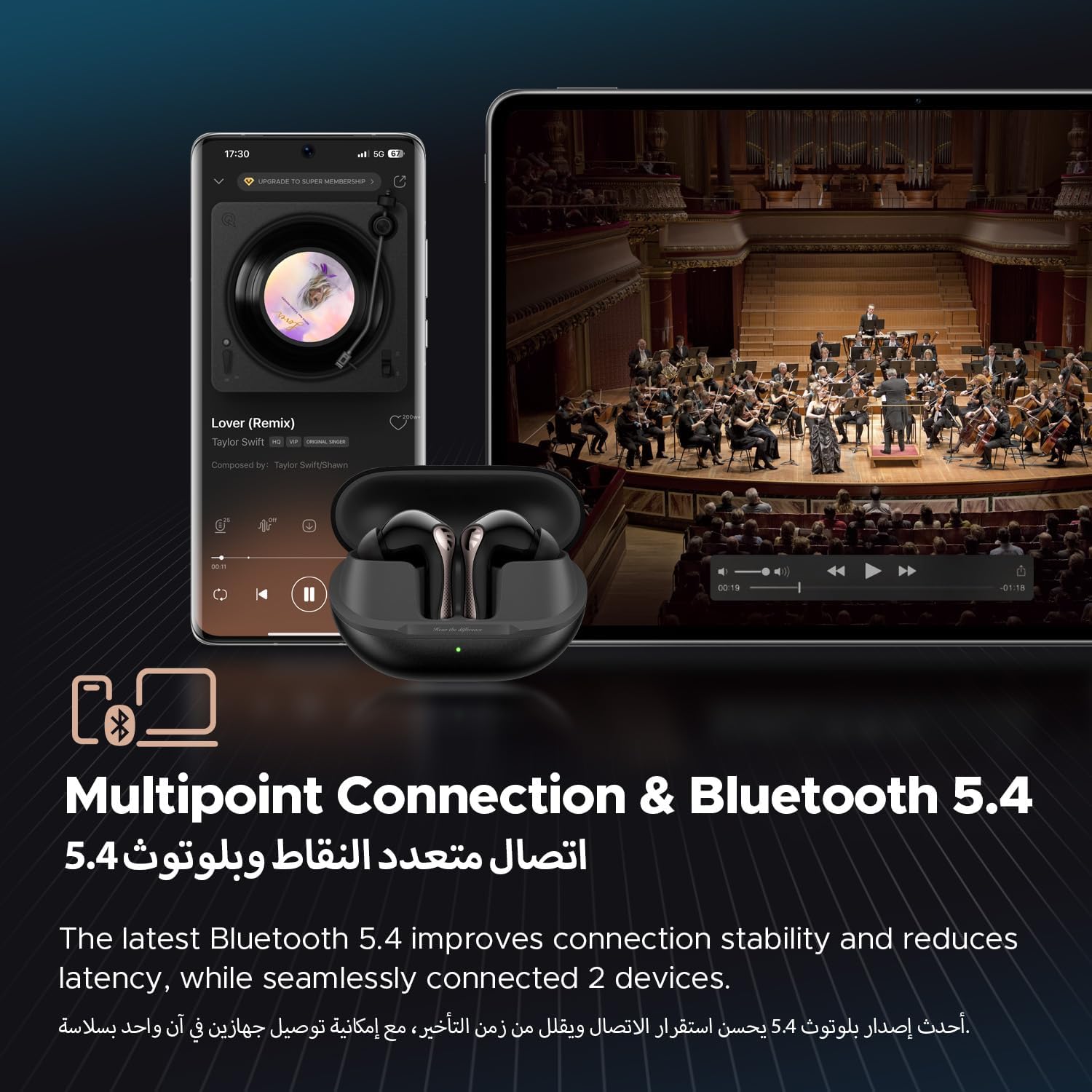 سماعات أذن لاسلكية SoundPEATS Air5 Pro مع خاصية إلغاء الضوضاء الهجين التكيفي، بلوتوث 5.4 مع صوت Qualcomm Snapdragon، 6 ميكروفونات aptX™ Lossless، سماعات بلوتوث LDAC LC3 صوت عالية الدقة، 37 ساعة، تطبيق - الصورة 7