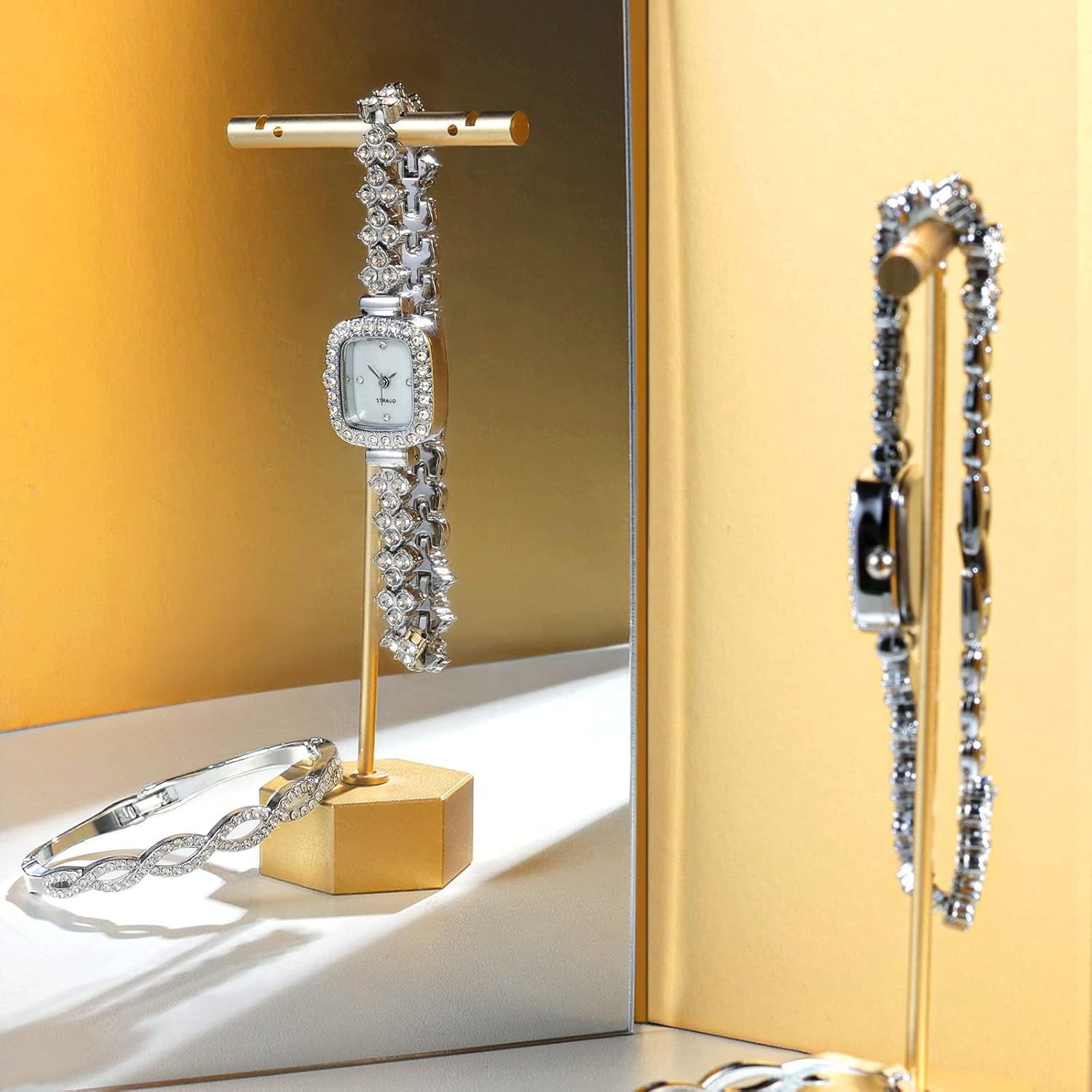 مجموعة ساعات وسوار أنيقة للنساء من حجر الراين لينغ مثلج خارج ساعة معصم أم اللؤلؤ للسيدات - الصورة 5