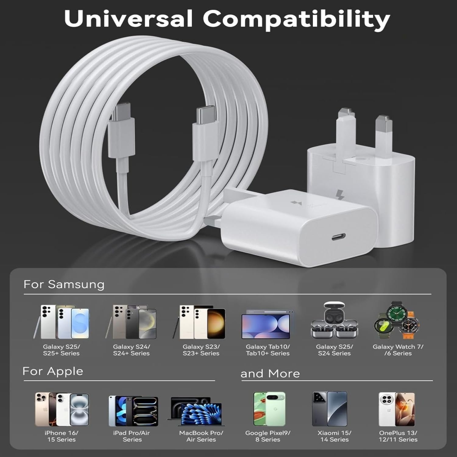 شاحن سريع USB-C بقدرة 25 وات مع كابل من النوع C إلى النوع C، ومحول جدار شحن فائق السرعة PD، قابس بريطاني ذو 3 دبابيس، متوافق مع iPhone وSamsung وAndroid والأجهزة اللوحية - الصورة 6