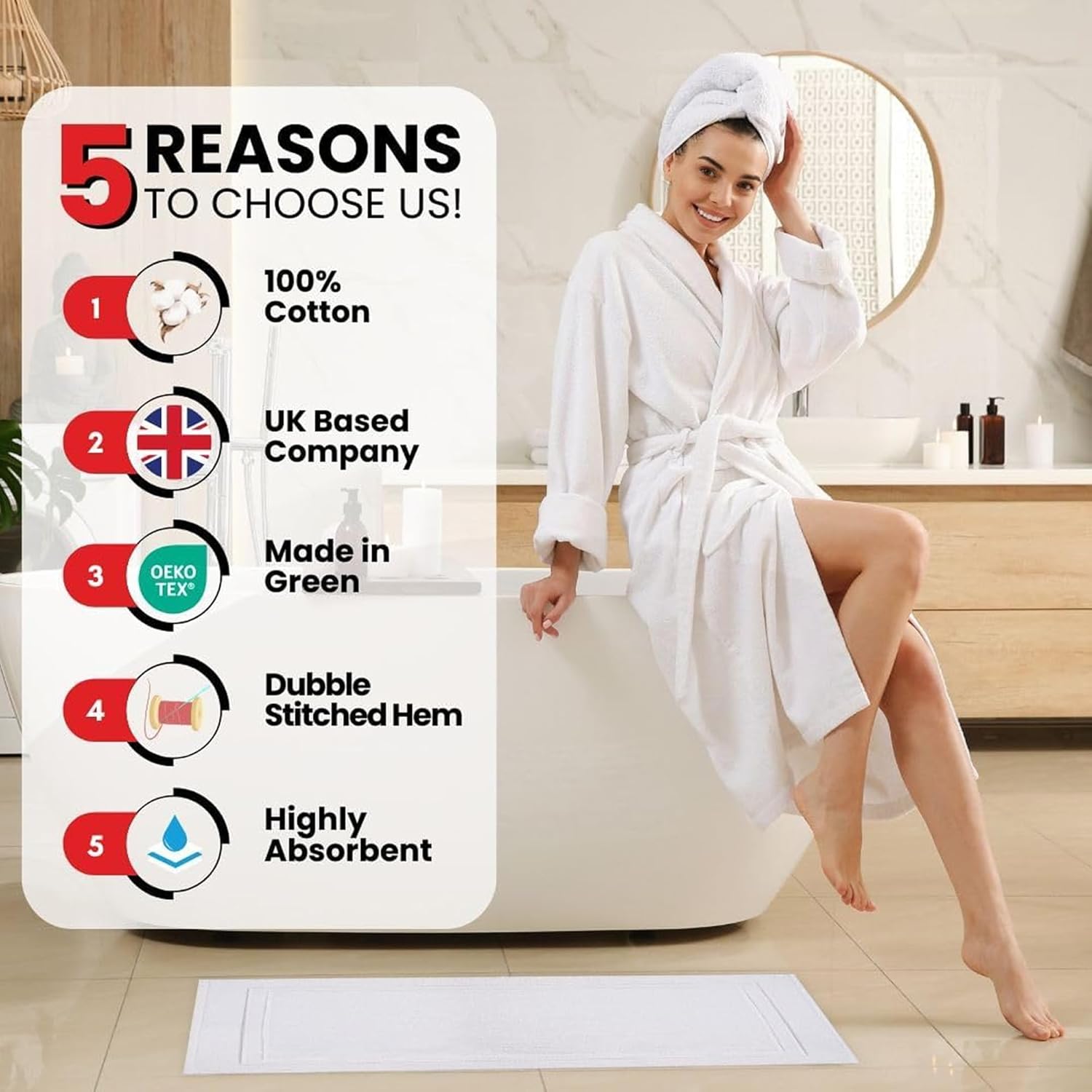 Infinitee Xclusives - منشفة قدم (عبوة من 2، 50 سم × 80 سم) رمادية 100% قطن - سجادات حمام فائقة النعومة، سجاد حمام فائق الامتصاص للماء، سجادة أرضية للحمام والمطبخ والمنزل، سجادة حمام (أبيض) - الصورة 4
