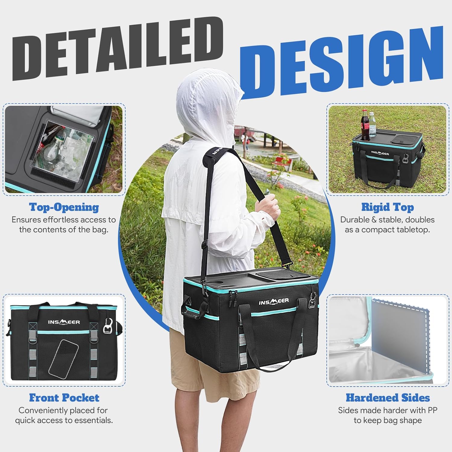INSMEER Kühltasche Gross 40L، 60 Dosen Kühltasche Faltbar - XXL Kühltasche Isoliertasche Thermotasche مع Öffner/Verstärkte Hartern Seiten/2 كوب هالترن في الأعلى، من أجل Picknick، Camping، Strand، Reise - الصورة 8