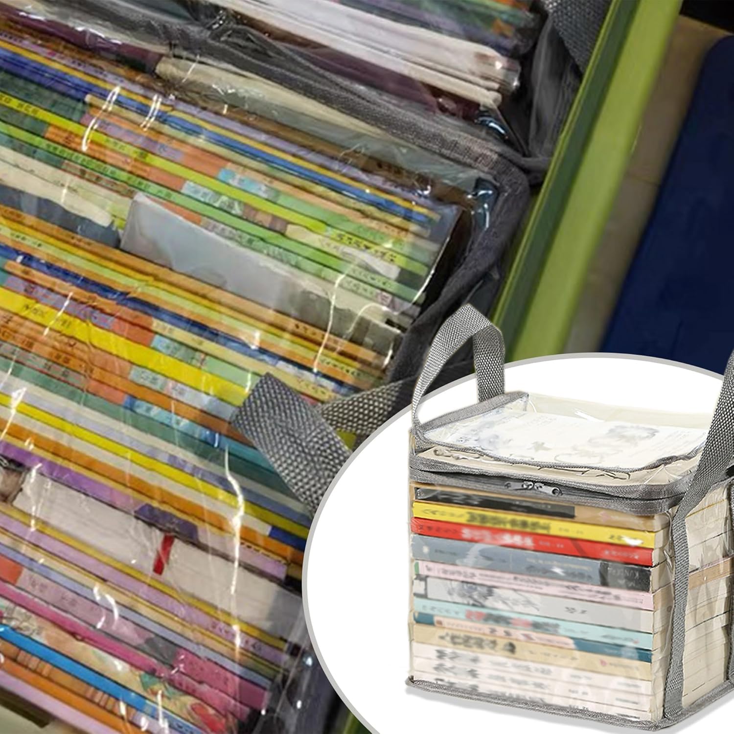 صندوق تخزين الكتب من أبوتو، عبوتين من صناديق تخزين بلاستيكية شفافة مع أغطية، منظم قابل للطي للكتب والقصص المصورة والمجلات والألعاب، وحاوية شفافة قابلة للطي بمقابض، 15 × 9 × 13 بوصة - الصورة 2