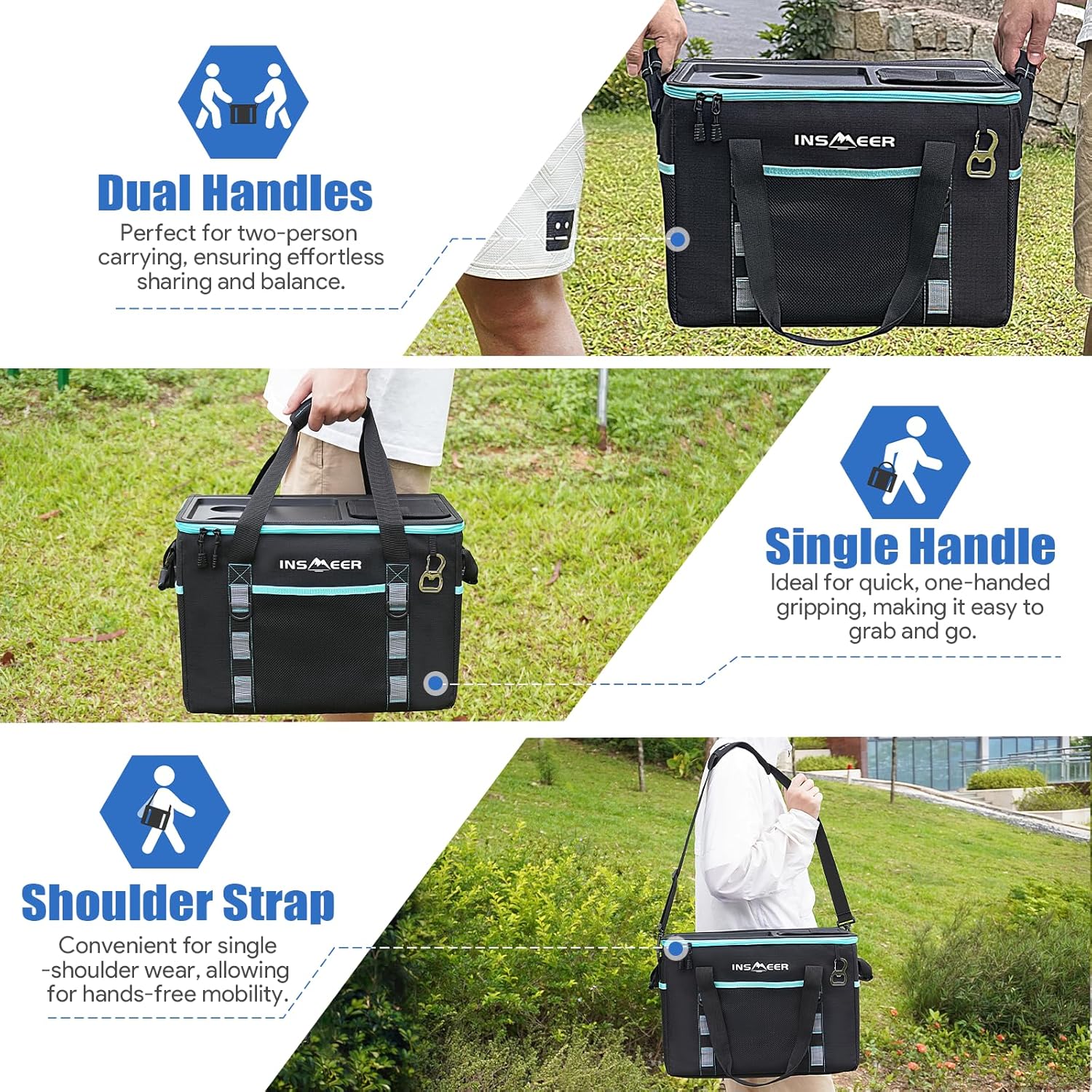 INSMEER Kühltasche Gross 40L، 60 Dosen Kühltasche Faltbar - XXL Kühltasche Isoliertasche Thermotasche مع Öffner/Verstärkte Hartern Seiten/2 كوب هالترن في الأعلى، من أجل Picknick، Camping، Strand، Reise - الصورة 7