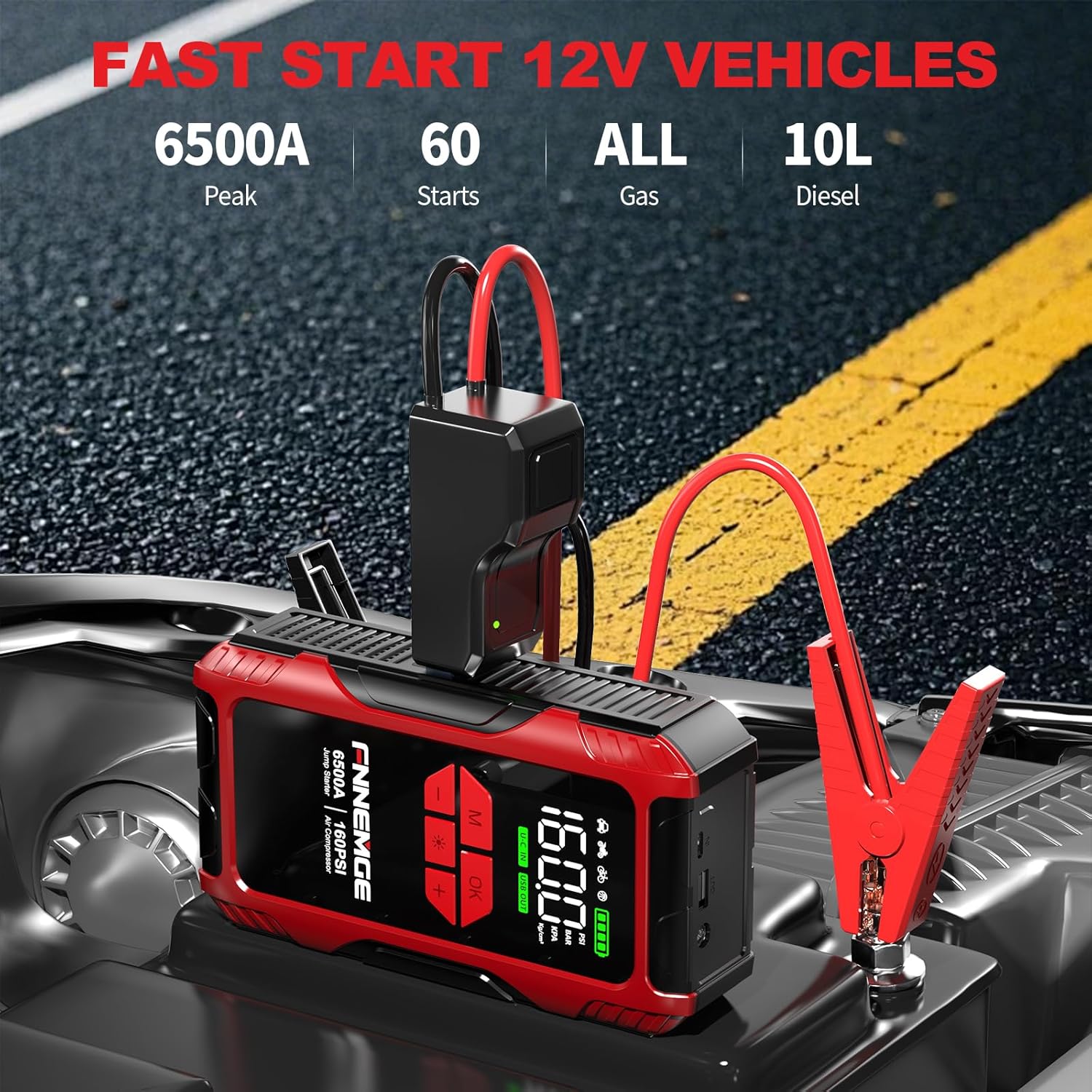 FNNEMGE 6500A Jump Starter مع ضاغط هواء، بطارية سيارة 26800 مللي أمبير في الساعة محمولة 12 فولت (لجميع الغاز/10.0 لتر ديزل)، منفاخ إطارات 160 رطل لكل بوصة مربعة، مع مخرج USB، 2 ضوء LED، شاشة كبيرة عالية الدقة. - الصورة 2