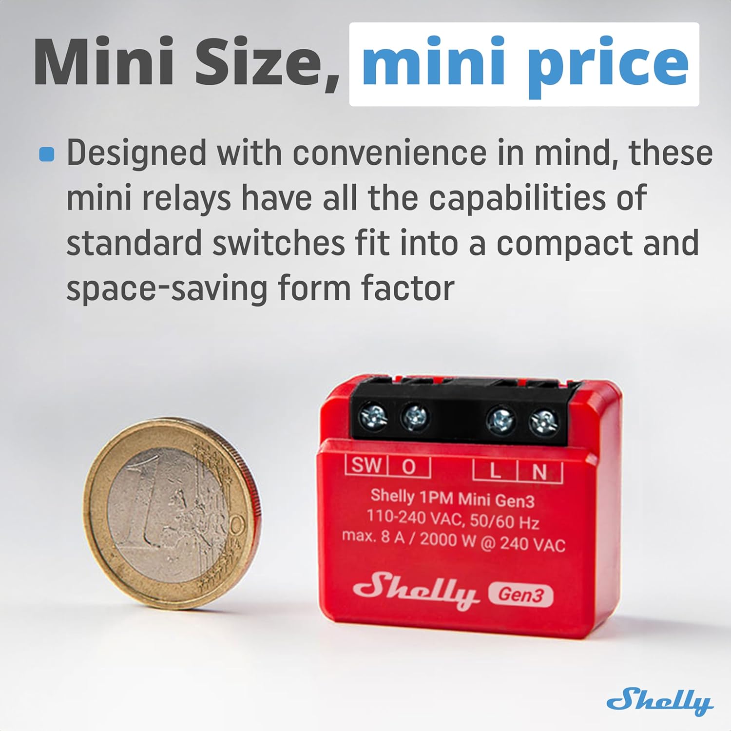 مفتاح ترحيل ذكي Shelly 1PM Mini Gen3 WiFi وBluetooth، قناة واحدة 8A مع القياس الحالي، مفتاح إضاءة مثبت على السطح، متوافق مع Alexa وGoogle Home، تطبيق iOS-Android، لا يتطلب محورًا - الصورة 2
