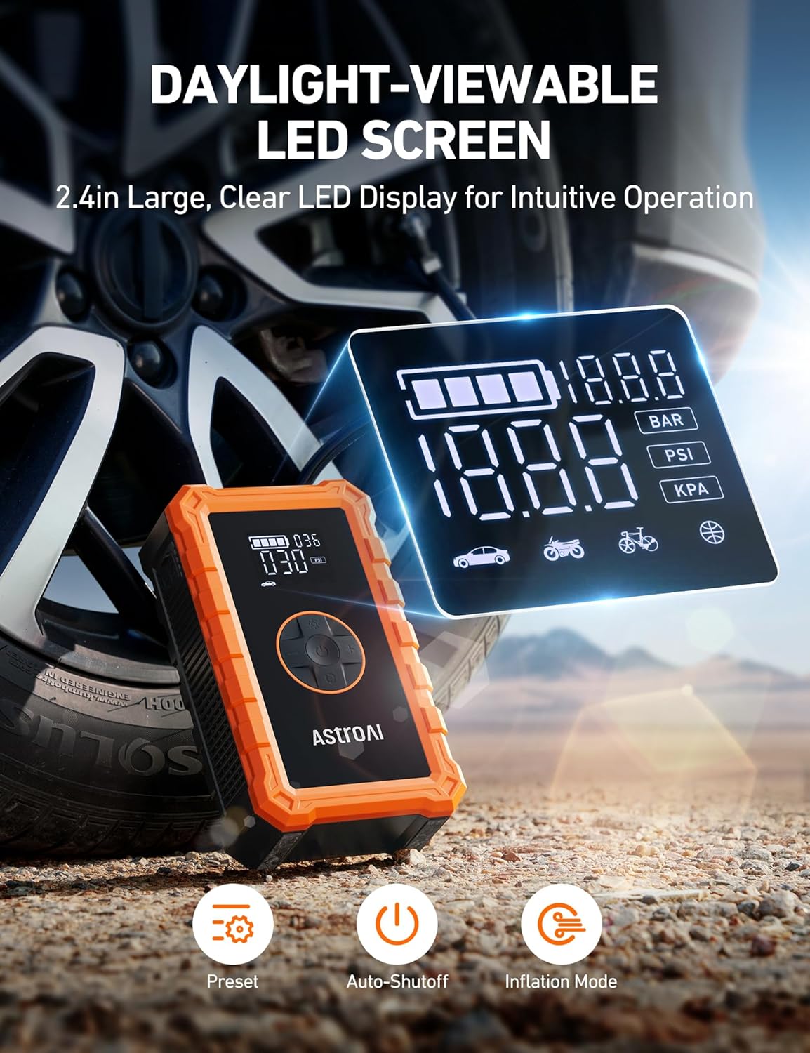 AstroAI Jump Starter مع ضاغط هواء، بطارية السيارة المحمولة (6.0 غاز/3.0 لتر ديزل) مع منفاخ إطارات للإغلاق التلقائي بقوة 150 رطل لكل بوصة مربعة، صندوق معزز لشاحن بطارية 12 فولت (برتقالي) - الصورة 5