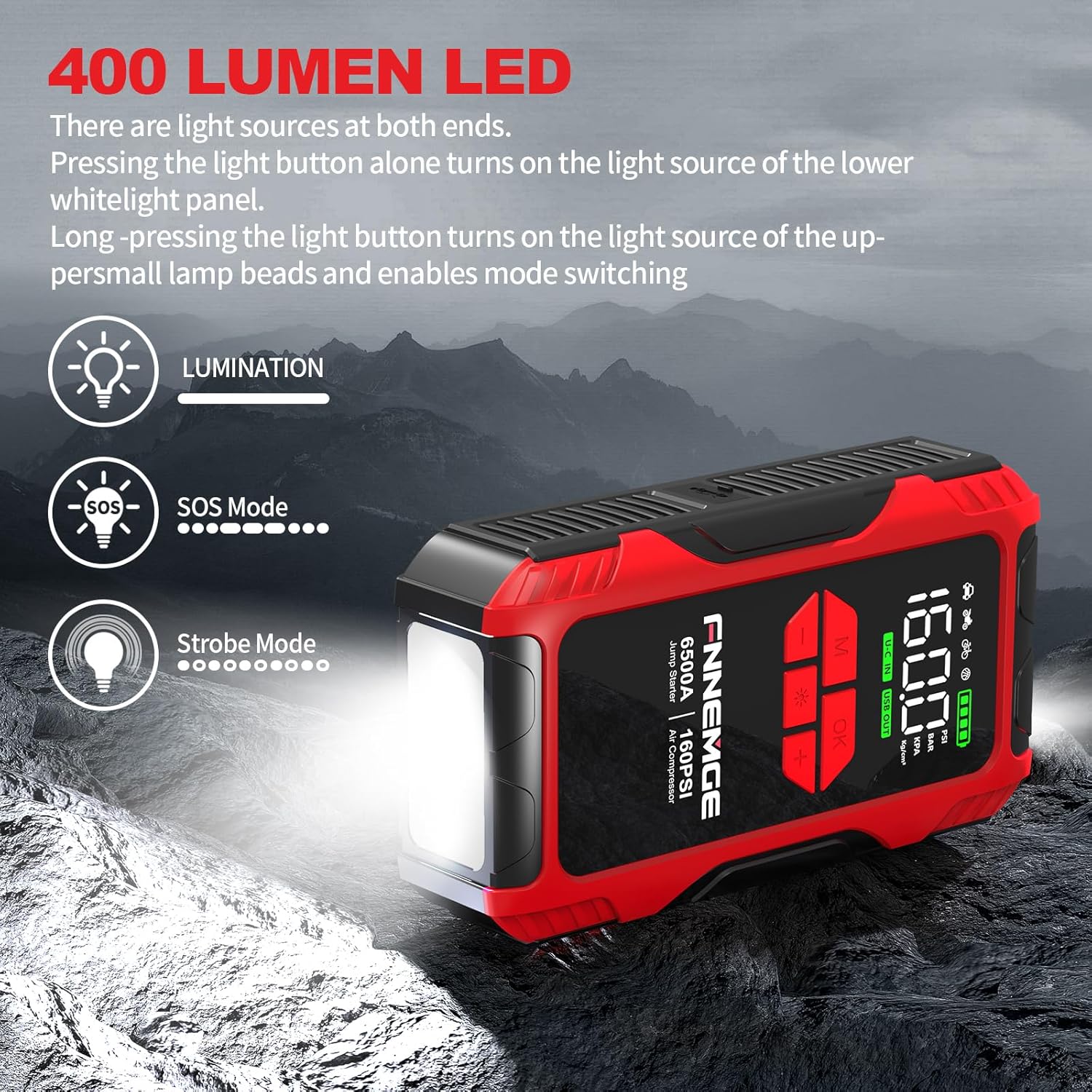 FNNEMGE 6500A Jump Starter مع ضاغط هواء، بطارية سيارة 26800 مللي أمبير في الساعة محمولة 12 فولت (لجميع الغاز/10.0 لتر ديزل)، منفاخ إطارات 160 رطل لكل بوصة مربعة، مع مخرج USB، 2 ضوء LED، شاشة كبيرة عالية الدقة. - الصورة 6