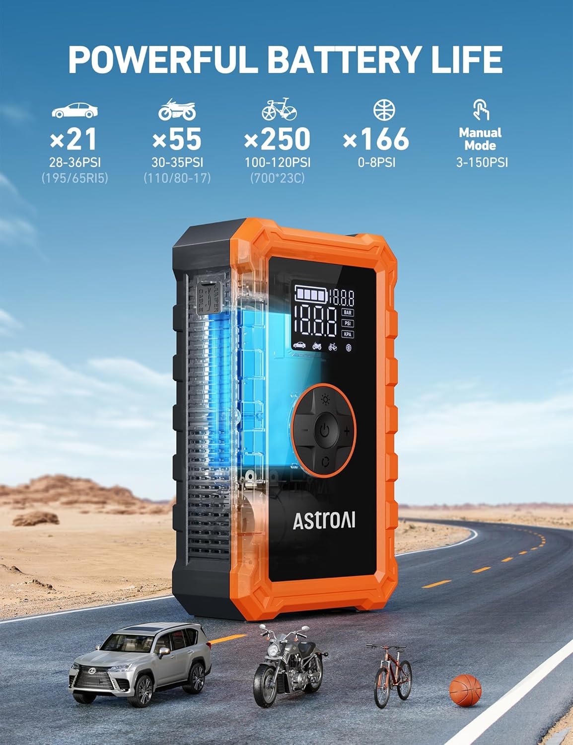 AstroAI Jump Starter مع ضاغط هواء، بطارية السيارة المحمولة (6.0 غاز/3.0 لتر ديزل) مع منفاخ إطارات للإغلاق التلقائي بقوة 150 رطل لكل بوصة مربعة، صندوق معزز لشاحن بطارية 12 فولت (برتقالي) - الصورة 4