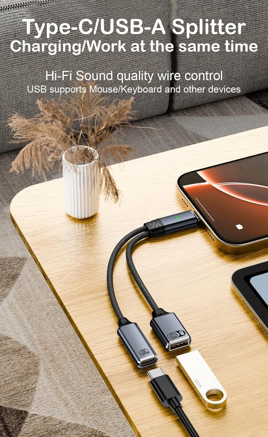 محول مقسم USB-C إلى USB-A وUSB-C PD كابل OTG 2 في 1 مع شحن سريع 100 واط، ونقل البيانات ودعم الأجهزة الطرفية لأجهزة الكمبيوتر المحمول والهواتف الذكية (رمادي) - الصورة 5