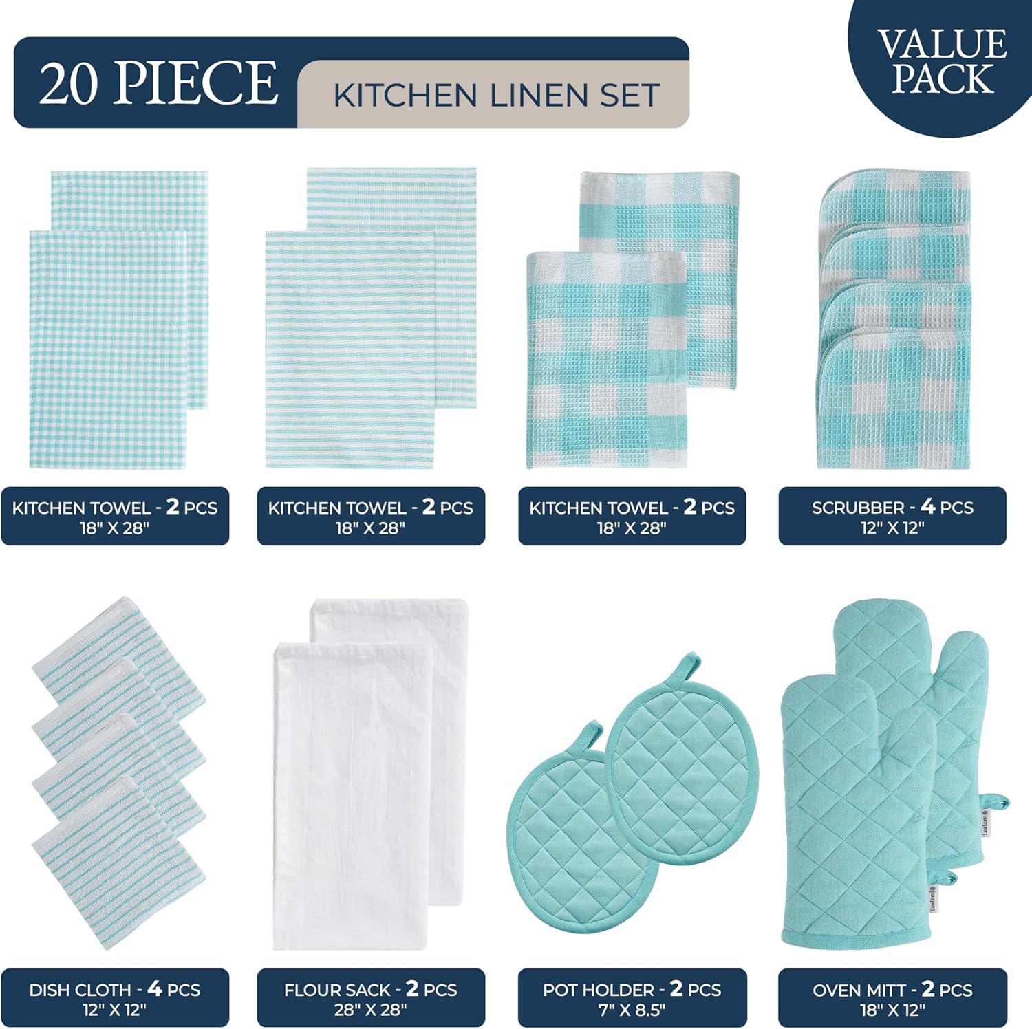 مجموعات مناشف المطبخ ومناشف الأطباق من Lane Linen - مجموعة مناشف المطبخ 20 قطعة، قفازات فرن مقاومة للحرارة 500 درجة وحامل وعاء، قماش أطباق قابل لإعادة الاستخدام لغسل الأطباق، مناشف يد مطبخ ماصة - أكوا - الصورة 2
