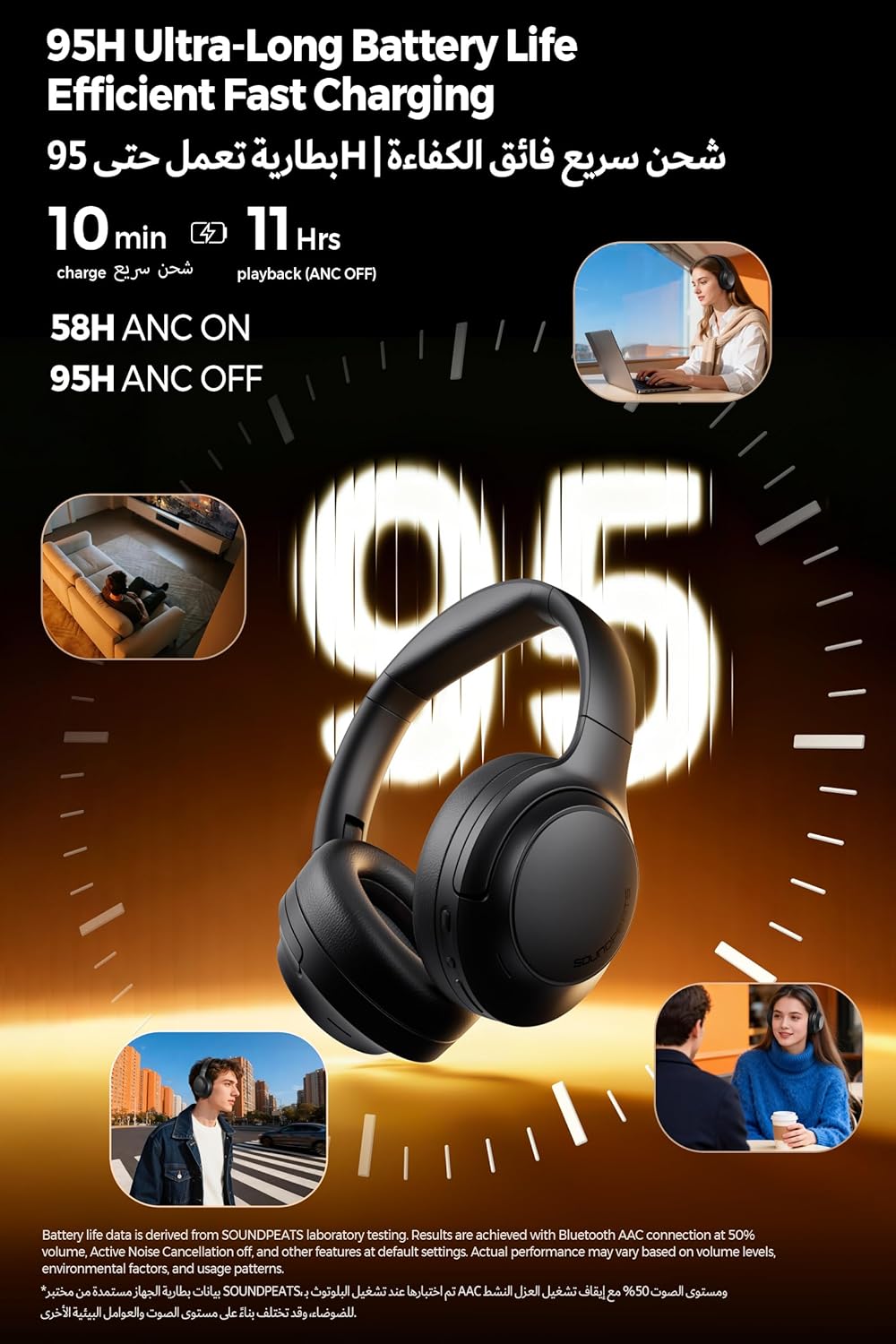 سماعات SOUNDPEATS Cove Pro Adaptive Hybrid النشطة بخاصية إلغاء الضوضاء القابلة للطي فوق الأذن، صوت LDAC عالي الدقة سلكي/لاسلكي معتمد، مكالمات واضحة 7MIC AI، سماعات أذن لاسلكية مريحة بلوتوث 6.0، 95 ساعة - الصورة 6