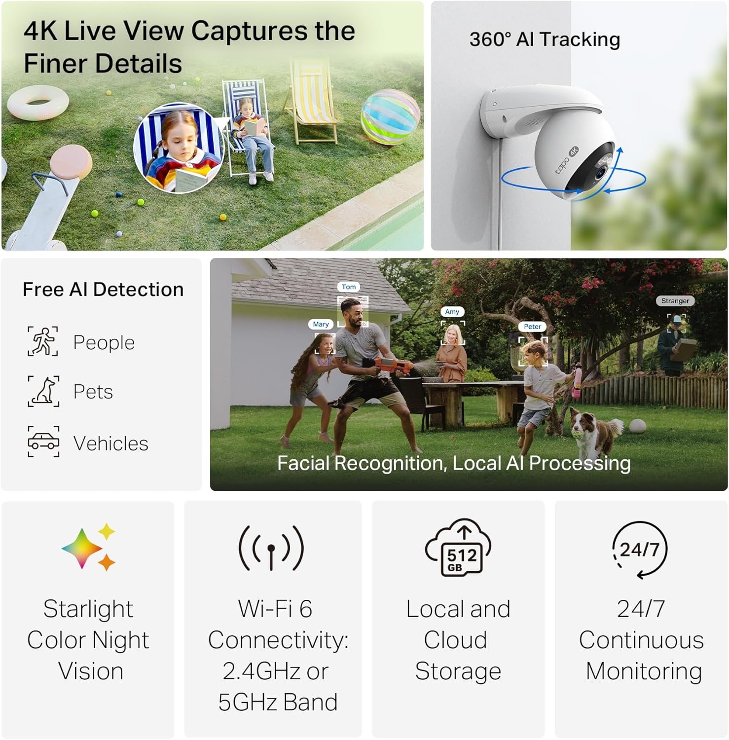 كاميرا أمان خارجية Tapo 4K 8MP سلكية قابلة للإمالة، كشف مجاني للشخص/المركبة ومسار حركة 360 درجة، ليلة ملونة، ذكاء اصطناعي محلي، تخزين SD/سحابي، تعمل مع Alexa وGoogle Home، 2.4 جيجا هرتز WiFi C560WS - الصورة 2