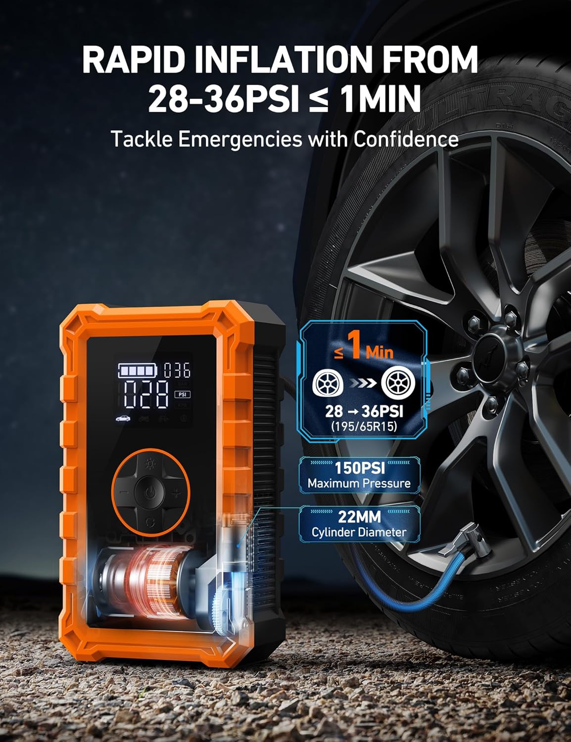 AstroAI Jump Starter مع ضاغط هواء، بطارية السيارة المحمولة (6.0 غاز/3.0 لتر ديزل) مع منفاخ إطارات للإغلاق التلقائي بقوة 150 رطل لكل بوصة مربعة، صندوق معزز لشاحن بطارية 12 فولت (برتقالي) - الصورة 3