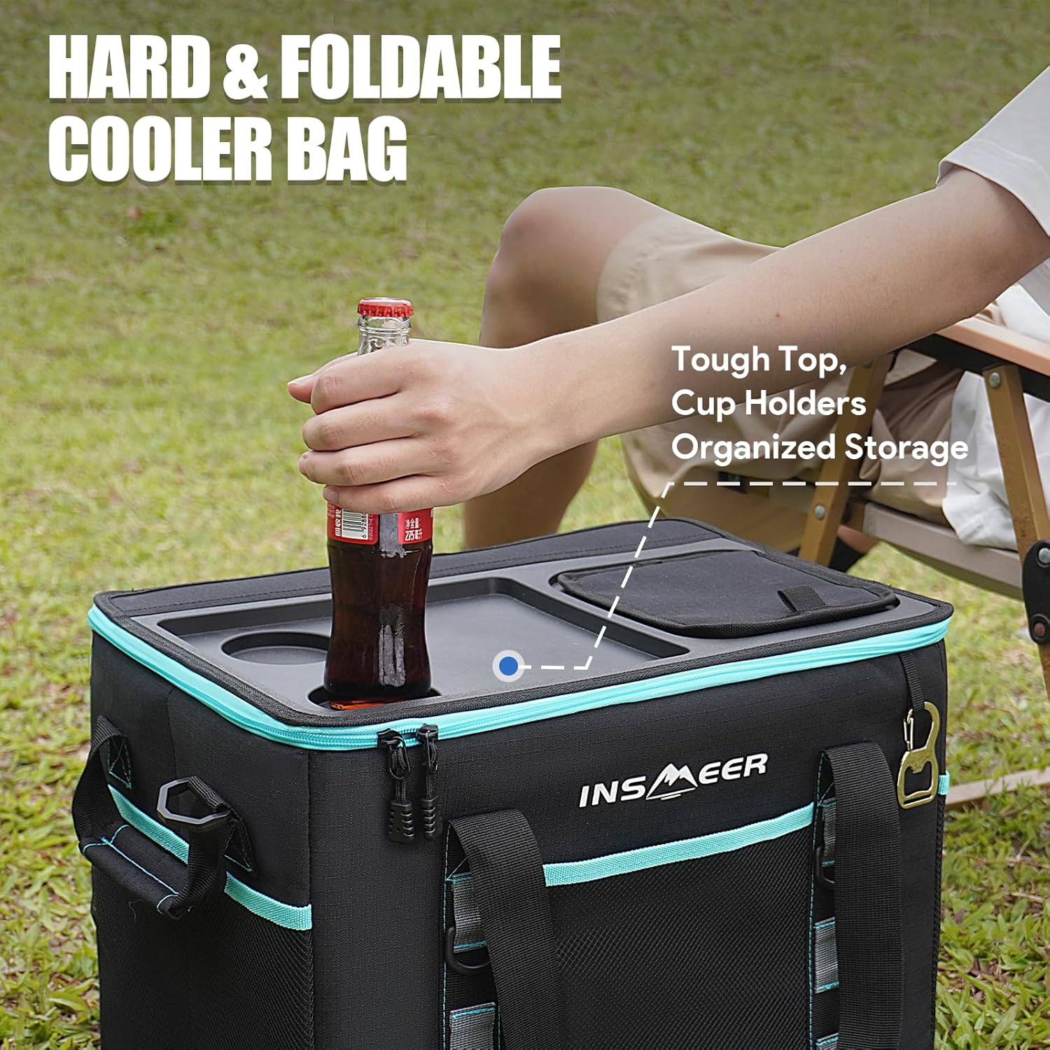 INSMEER Kühltasche Gross 40L، 60 Dosen Kühltasche Faltbar - XXL Kühltasche Isoliertasche Thermotasche مع Öffner/Verstärkte Hartern Seiten/2 كوب هالترن في الأعلى، من أجل Picknick، Camping، Strand، Reise - الصورة 3