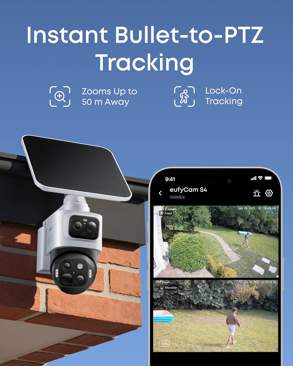 كاميرا مراقبة خارجية يوفي كام S4 لاسلكية بالطاقة الشمسية ثلاثية العدسات دقة 4K تغطية 360 درجة تحريك أفقي وعمودي تتبع تلقائي تكبير هجين حتى 8× رؤية ليلية ملونة متوافقة مع هوم بيس - الصورة 4