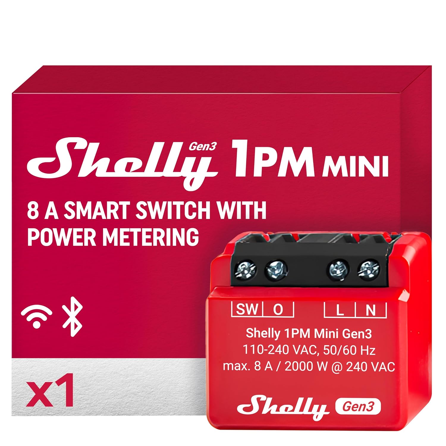 مفتاح ترحيل ذكي Shelly 1PM Mini Gen3 WiFi وBluetooth، قناة واحدة 8A مع القياس الحالي، مفتاح إضاءة مثبت على السطح، متوافق مع Alexa وGoogle Home، تطبيق iOS-Android، لا يتطلب محورًا