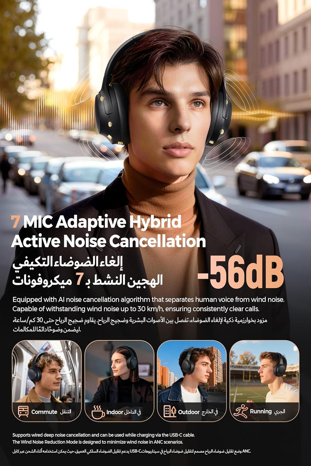 سماعات SOUNDPEATS Cove Pro Adaptive Hybrid النشطة بخاصية إلغاء الضوضاء القابلة للطي فوق الأذن، صوت LDAC عالي الدقة سلكي/لاسلكي معتمد، مكالمات واضحة 7MIC AI، سماعات أذن لاسلكية مريحة بلوتوث 6.0، 95 ساعة - الصورة 3