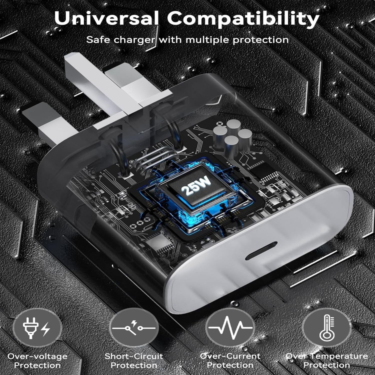 شاحن سريع USB-C بقدرة 25 وات مع كابل من النوع C إلى النوع C، ومحول جدار شحن فائق السرعة PD، قابس بريطاني ذو 3 دبابيس، متوافق مع iPhone وSamsung وAndroid والأجهزة اللوحية - الصورة 5