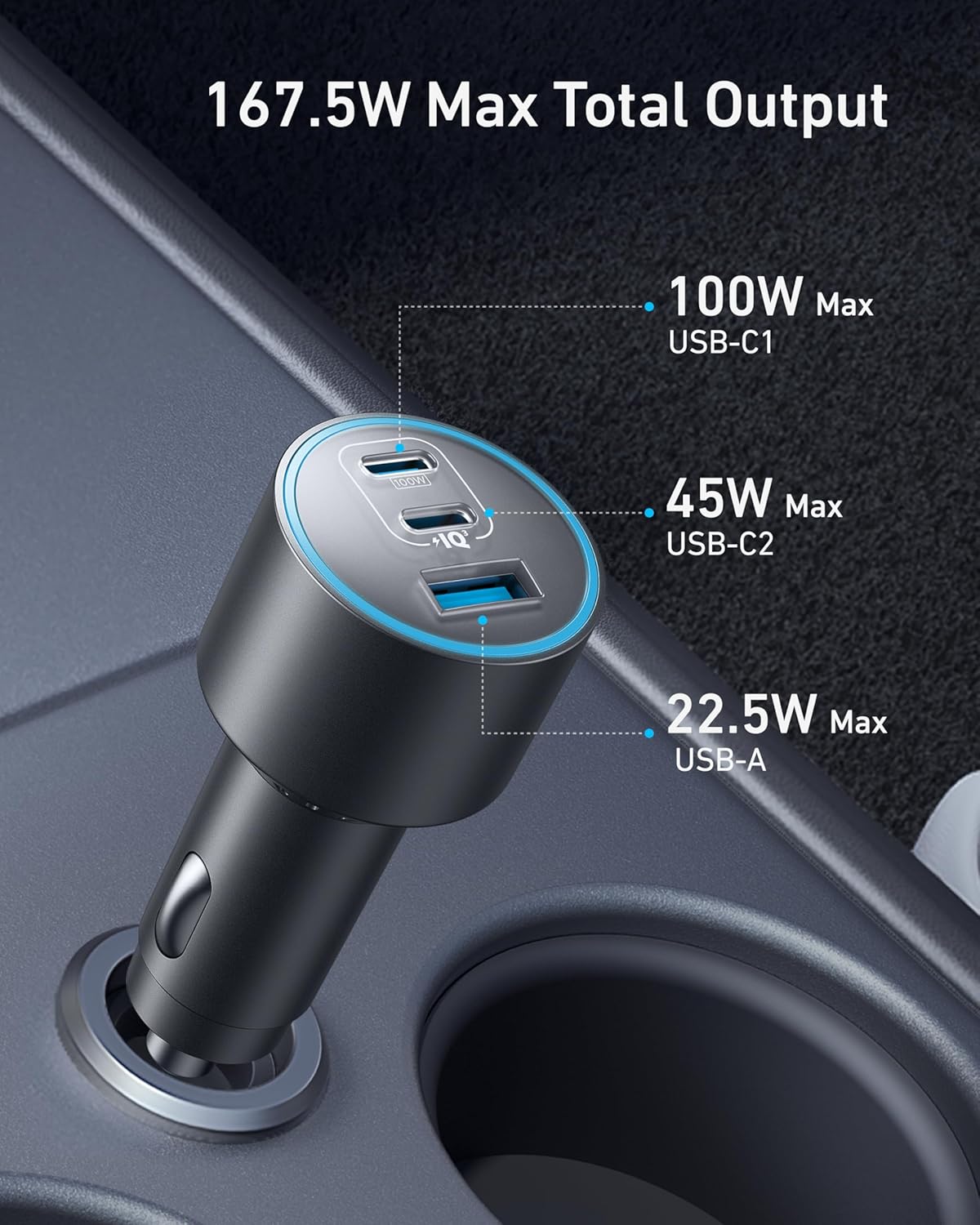 شاحن سيارة Anker، محول شاحن سيارة 167.5 واط بحد أقصى 3 منافذ، محول سيارة USB-C لأجهزة MacBook Pro/Air، iPhone 17/16/15 Series، Samsung S25/S24/S23، Huawei، Honor والمزيد (يتضمن كابل USB-C إلى C) - الصورة 2