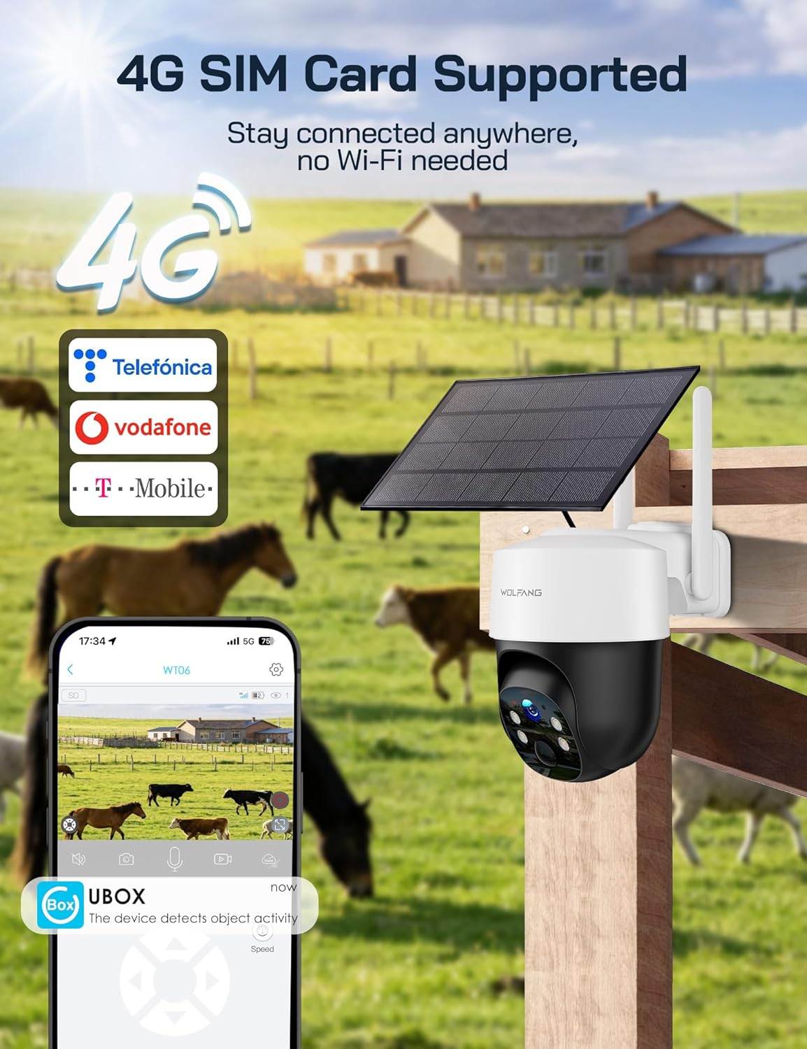 كاميرا WOLFANG No WiFi Security، كاميرا CCTV 4G مع بطاقة SIM، كاميرا لاسلكية في الهواء الطلق، تعمل بالطاقة الشمسية، رؤية ليلية، أضواء كاشفة، 2.5K HD، تسجيل محلي، صوت ثنائي الاتجاه، حركة PIR، بطاقة microSD سعة 32 جيجابايت - الصورة 7
