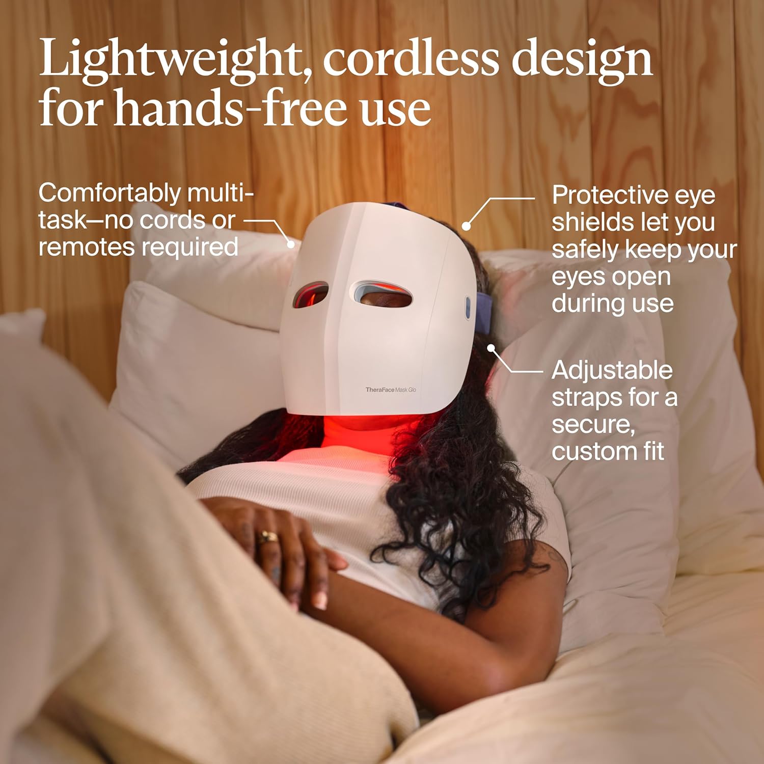 قناع TheraFace Therabody Mask Glo - قناع وجه لاسلكي للعناية بالبشرة بإضاءة LED مع إضاءة حمراء/زرقاء/الأشعة تحت الحمراء وتدليك مريح لفروة الرأس من أجل بشرة متوهجة وأكثر صحة - مرخص من إدارة الغذاء والدواء الأمريكية - الصورة 5