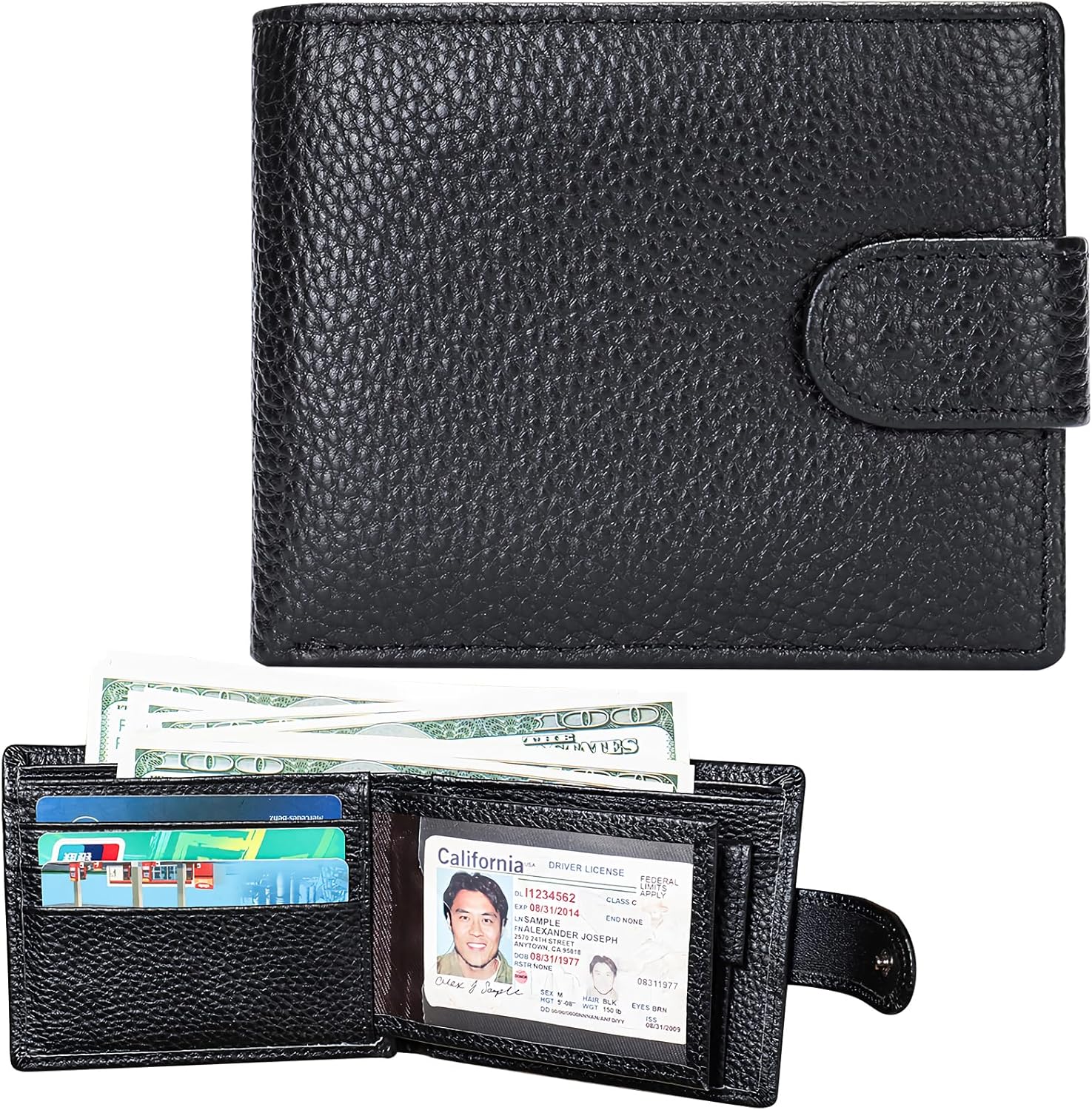 محفظة جلدية أصلية للرجال، محفظة نحيفة بحجب RFID ثنائية الطي للرجال، محفظة جيب أمامي مع 5 فتحات لبطاقة الائتمان، 2 نافذة لبطاقة الهوية، 3 مقصورات للفواتير النقدية وجيب واحد للعملات المعدنية (أسود ليتشي) - الصورة 8