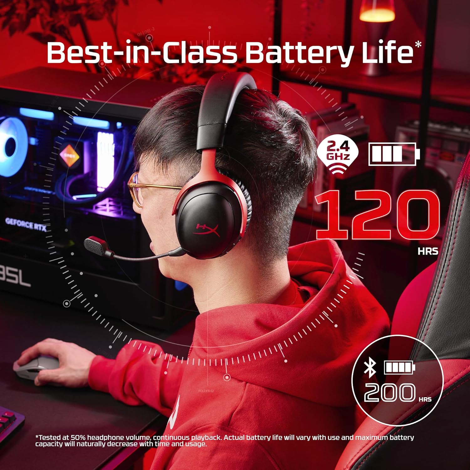HyperX Cloud III S - سماعة ألعاب لاسلكية لمنصات متعددة، 2.4 جيجا هرتز، بلوتوث، عمر البطارية يصل إلى 120 ساعة 2.4 جيجا هرتز / 200 ساعة بلوتوث، برامج تشغيل بزاوية 53 مم، ميكروفون قابل للفصل 10 مم، أسود - الصورة 2