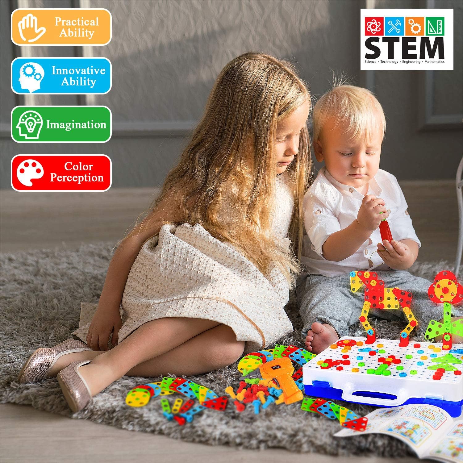 لعبة تصميم وحفر STEM للأطفال الذين تتراوح أعمارهم بين 3-8 سنوات، 237 قطعة لعبة مثقاب كهربائي، ألعاب بناء إبداعية، صندوق أدوات لعب مونتيسوري السحري للأولاد الأكبر سنًا والبنات في مرحلة ما قبل المدرسة، ألعاب STEM لعمر 3 4 5 6 7 8 سنوات - الصورة 2