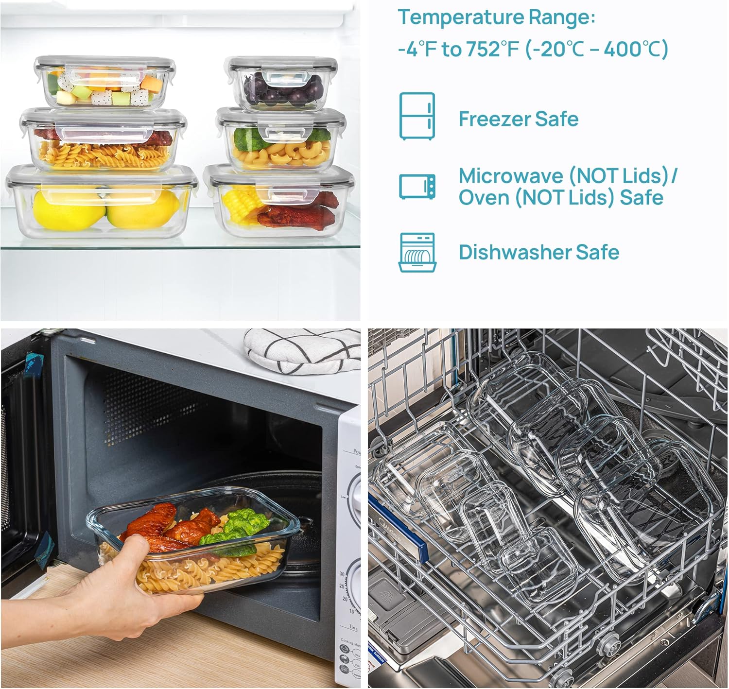 مجموعة حاويات زجاجية من 8 قطع من Vtopmart لتخزين الطعام مع أغطية محكمة الغلق، حاوية زجاجية لإعداد الوجبات للغداء، أثناء التنقل، بقايا الطعام، الفريزر، الثلاجة، الميكروويف، آمنة للاستخدام في غسالة الأطباق، خالية من البيسفينول A. - الصورة 3