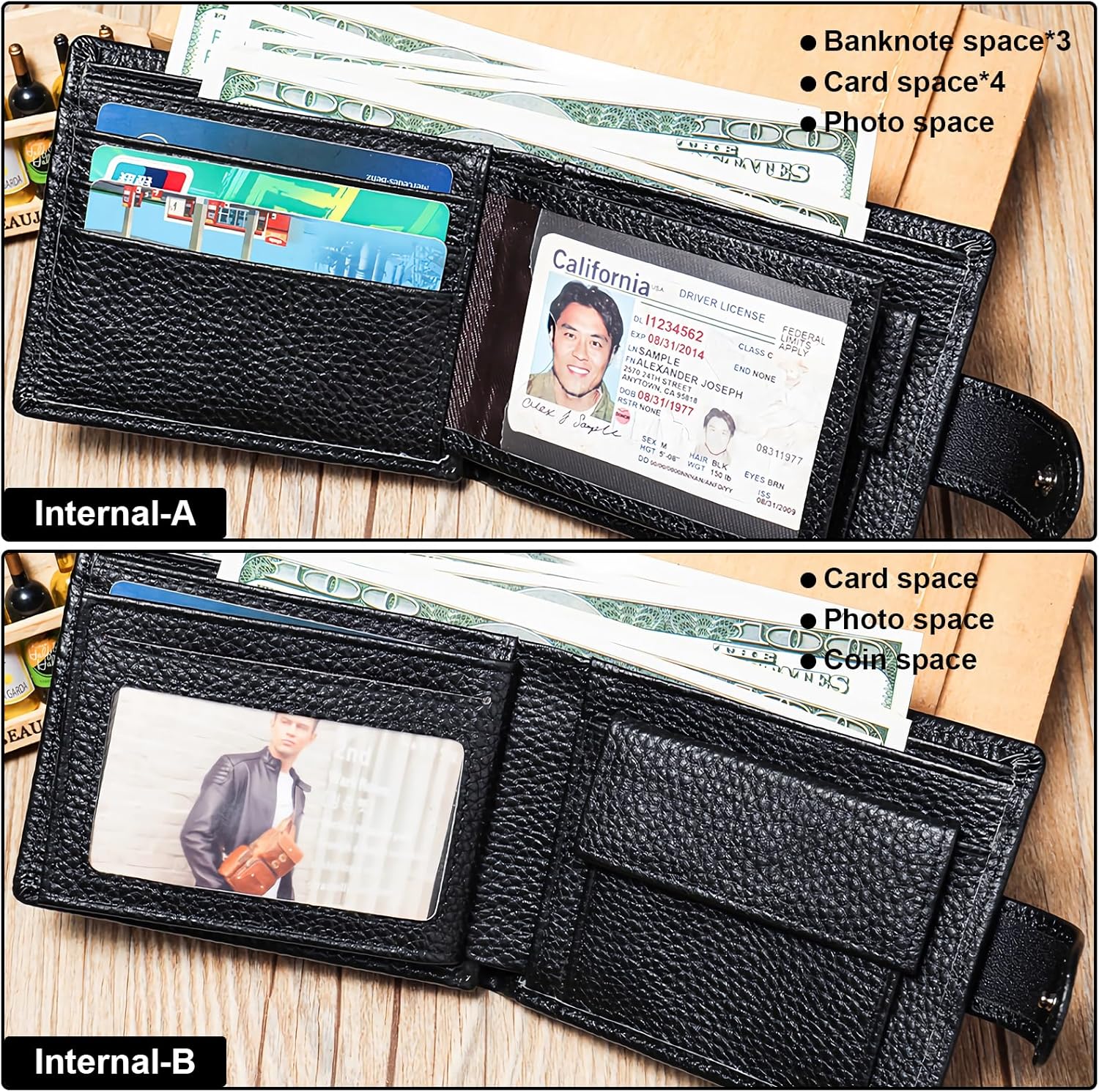 محفظة جلدية أصلية للرجال، محفظة نحيفة بحجب RFID ثنائية الطي للرجال، محفظة جيب أمامي مع 5 فتحات لبطاقة الائتمان، 2 نافذة لبطاقة الهوية، 3 مقصورات للفواتير النقدية وجيب واحد للعملات المعدنية (أسود ليتشي) - الصورة 3