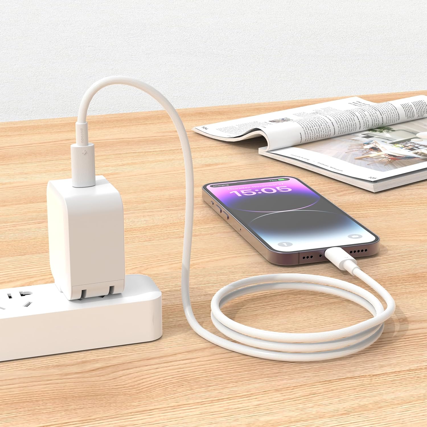 كابل Porodo USB-C إلى USB-C PVC بطول 1.2 متر، خالي من التشابك، PD 60 وات للشحن السريع ونقل البيانات، +15000 انحناء، خفيف الوزن ومحمول متوافق مع الهواتف الذكية والأجهزة اللوحية وأجهزة الكمبيوتر المحمولة - أبيض - الصورة 2