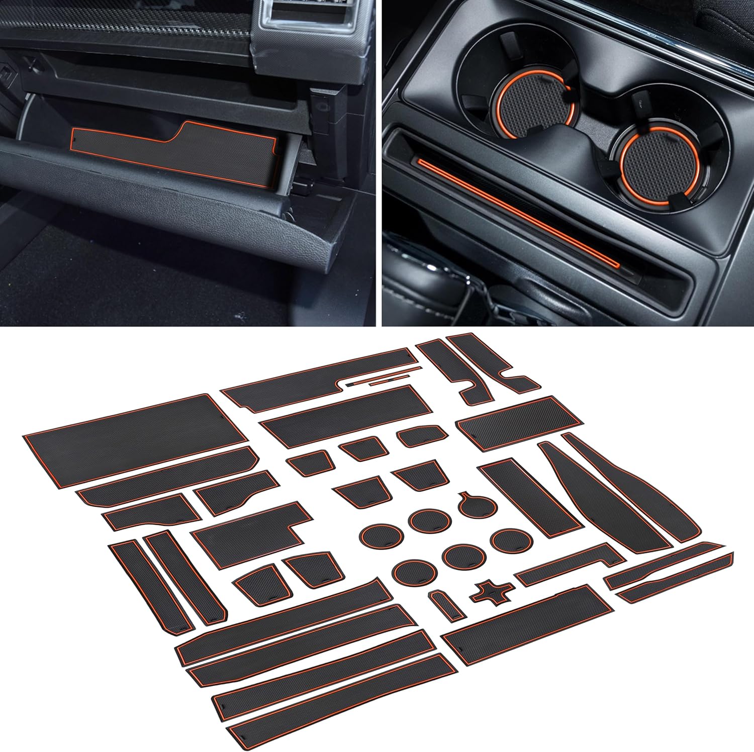 لملحقات Ford F150 2021 2022 2023 2024 2025 حامل أكواب مضاد للانزلاق ومضاد للانزلاق وبطانة وحدة التحكم المركزية وحصائر حزمة الباب داخلية مخصصة مجموعة 40 قطعة (دلو SuperCrew) (زخرفة برتقالية)