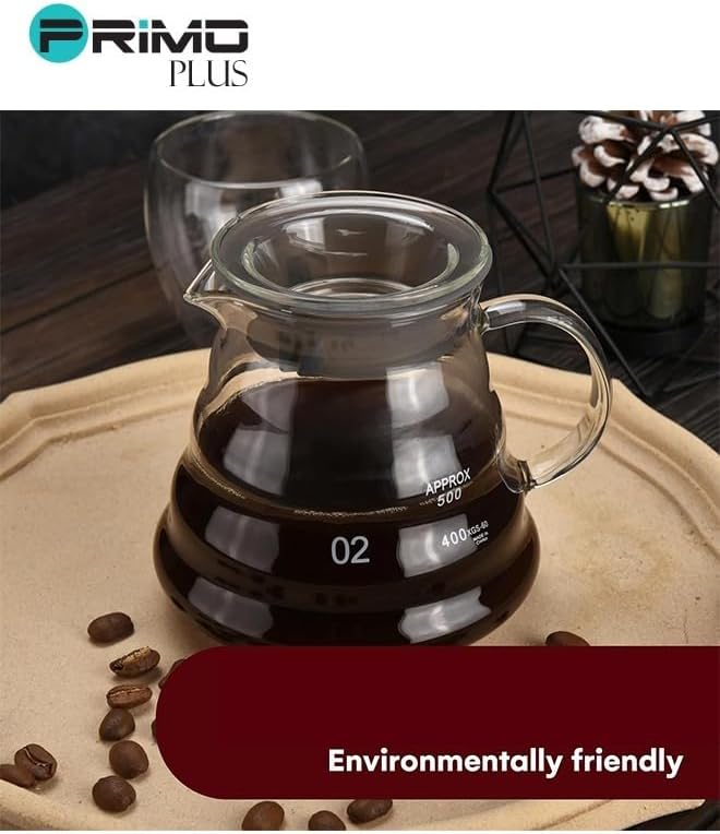 Primo Plus إبريق قهوة زجاجي شفاف، سعة 600 مل، متوافق مع V60، زجاج مقاوم للحرارة مع مقياس قياس ومقبض مريح PR631 - الصورة 5